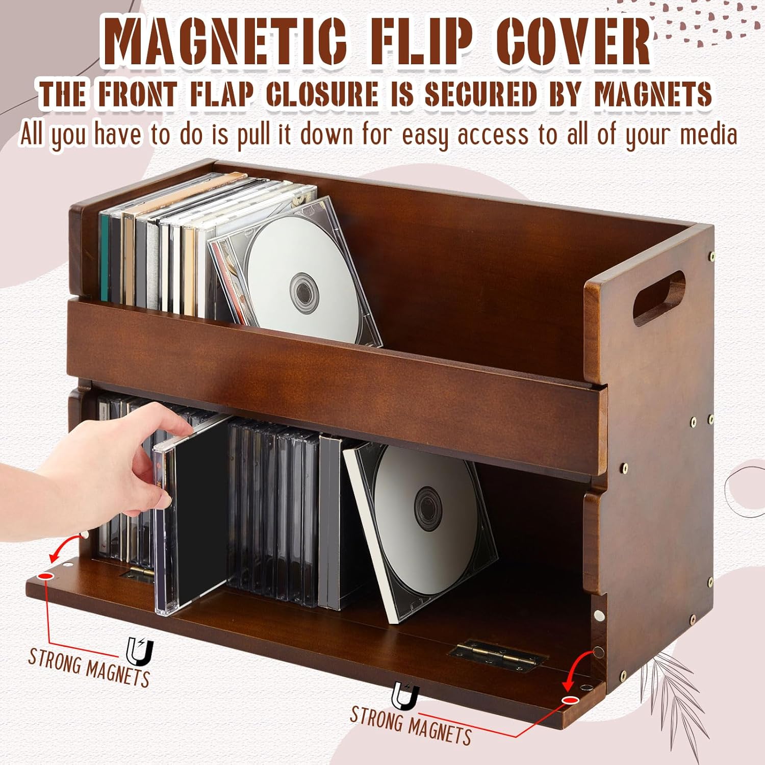 2-Tier Wooden CD Storage Box Holder Shelf Tape Display Racks with Carrying Handles, Organizer Shelf for Movie Cases, DVDs, Can Store up to 72 Pcs CDs(Classic,Brown)