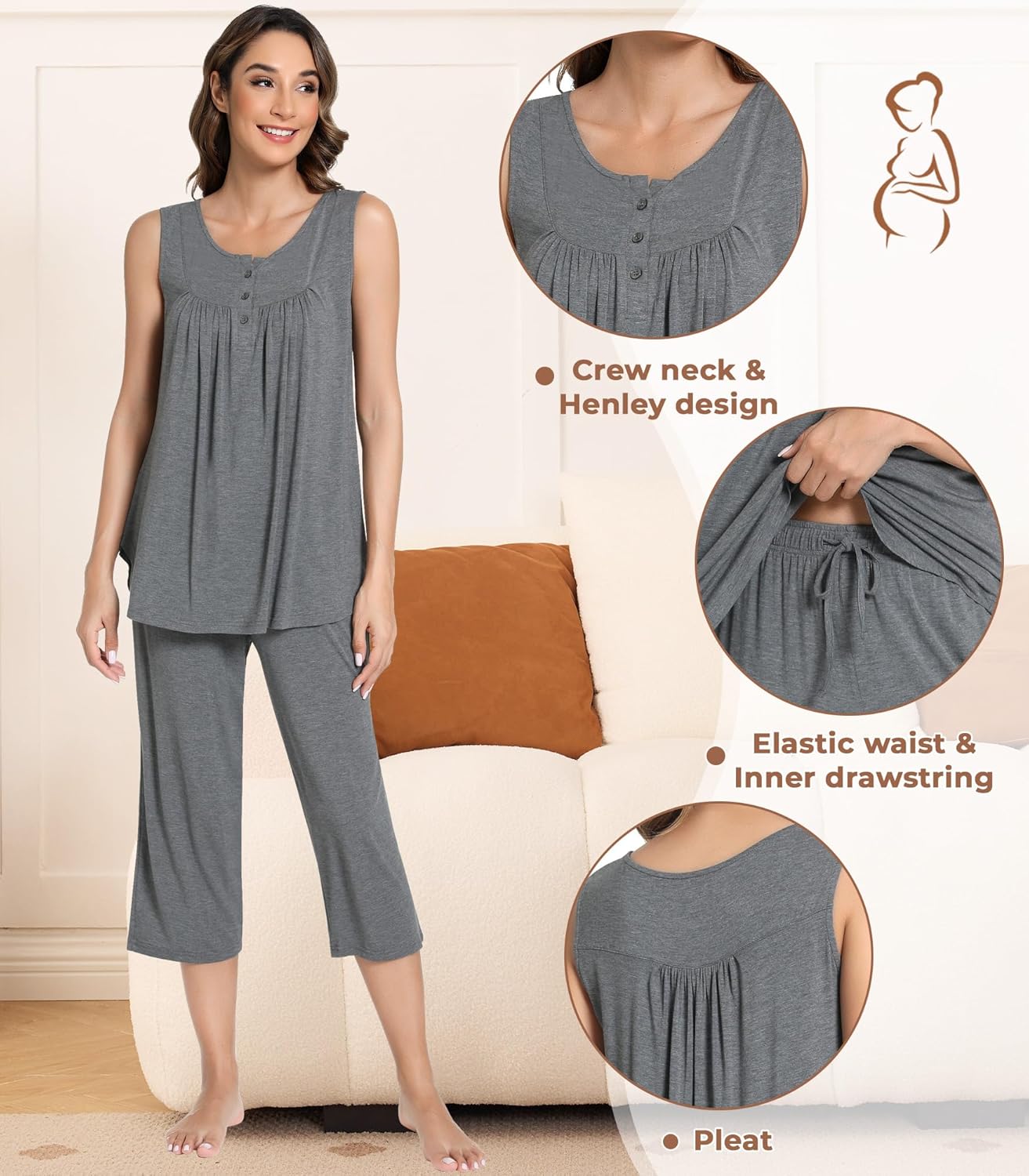 NACHILA Pajamas for Women-Viscose Made from Bamboo, Sleeveless Pjs Tank Top Capri Pants Pajama Sets Cooling Sleepwear - Image 3