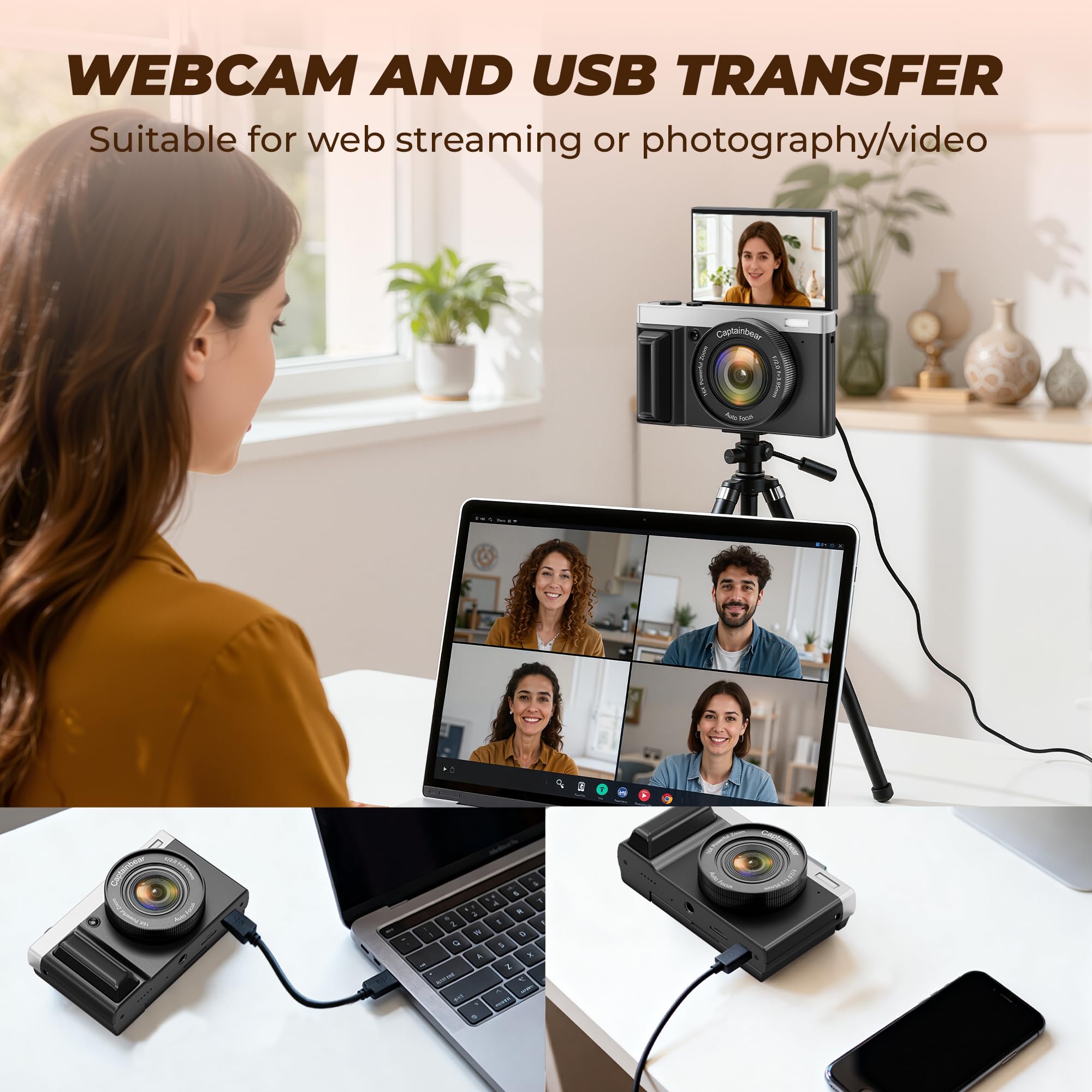 Cámara digital 4K, cámaras de 64 MP para fotografía con zoom digital de 16X, cámara de vlogging de enfoque automático para YouTube, cámara de viaje compacta con pantalla abatible de 180° de 3 pulgadas