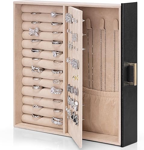 Miniatura 7 de Vlando Organizador grande de joyas con ventana de cristal para collares, aretes, anillos, pulseras, relojes, caja de almacenamiento de joyas, regalo