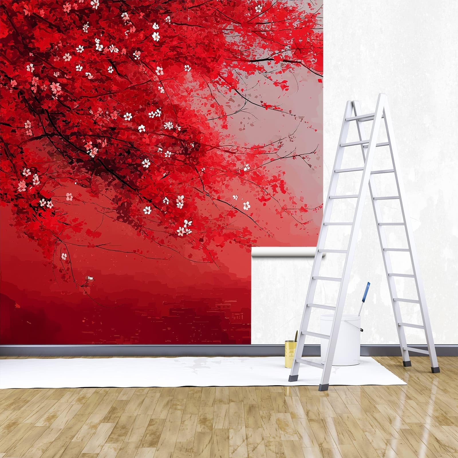 Tradycyjny chiński styl panoramiczny plakat tapeta 450 x 315 cm (szer. x wys.), architektura kwiaty wieża tapeta mural na ścianę akcentującą do sypialni salonu przedpokoju - wodoodporny i zdejmowany