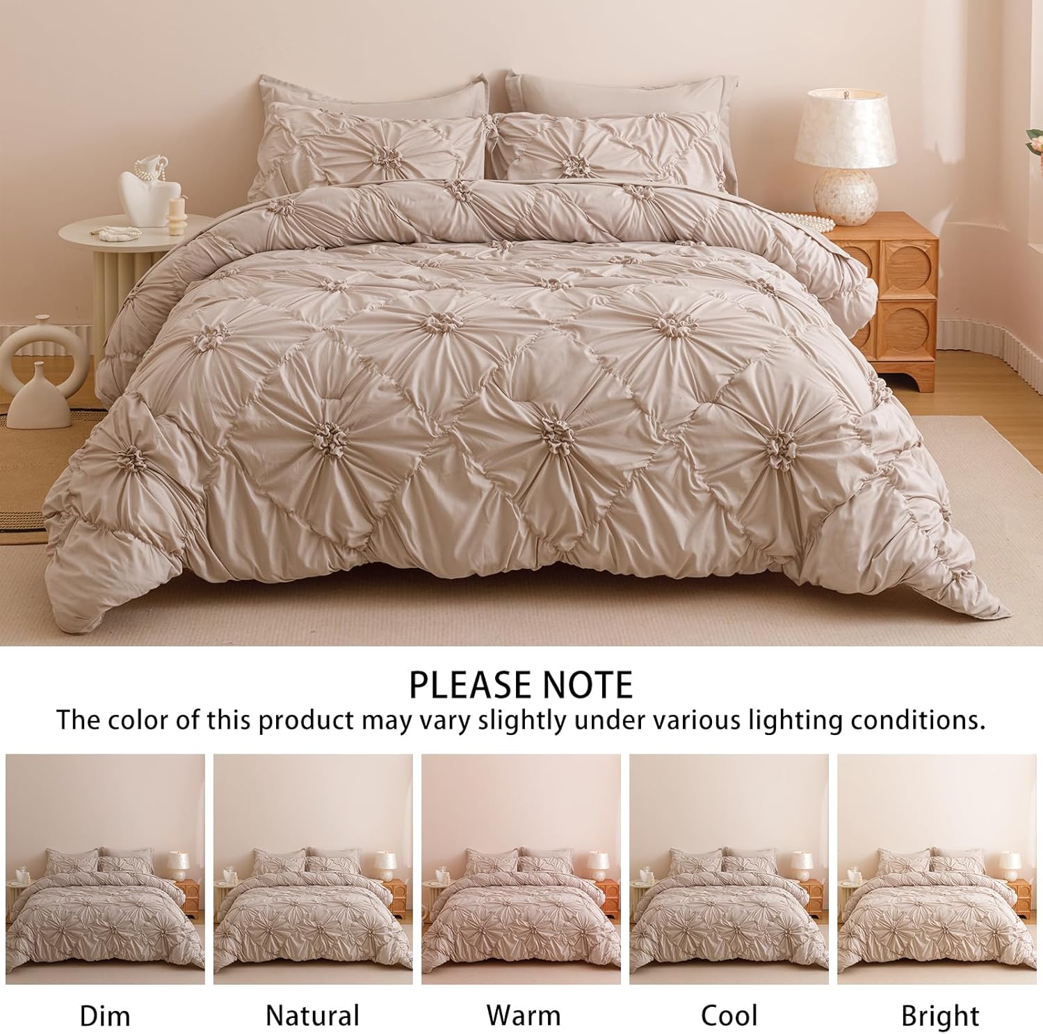 Khaki Queen Comforter Set - 7 Pieces Bed in a Bag, Premium Comforters Queen Size Bed Set Pintuck Pinch Pleat Complete Comforter Set with Flat Sheet, Fitted Sheet and Pillowcases,Khaki - Image 7