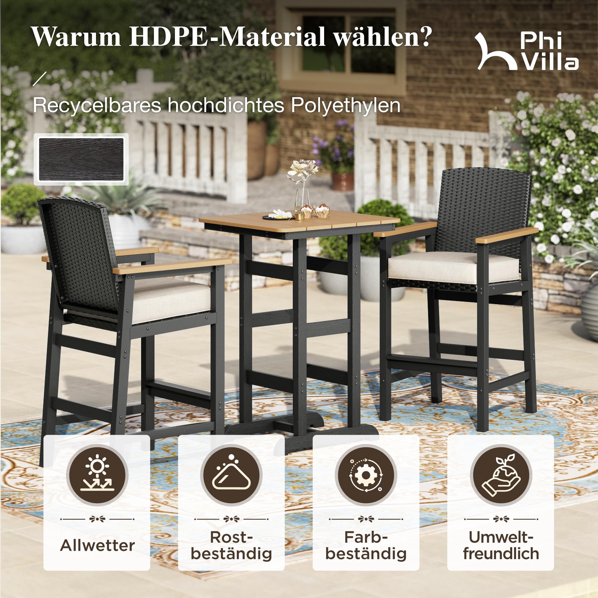 PHI VILLA 3-teiliges Bartisch mit Barhocker Set, Outdoor Barmöbel Garten Bartisch Set mit Rattan Hocker und Tischplatte in Holzmaserung, Bar Tisch mit 2 Stühlen für Terrasse