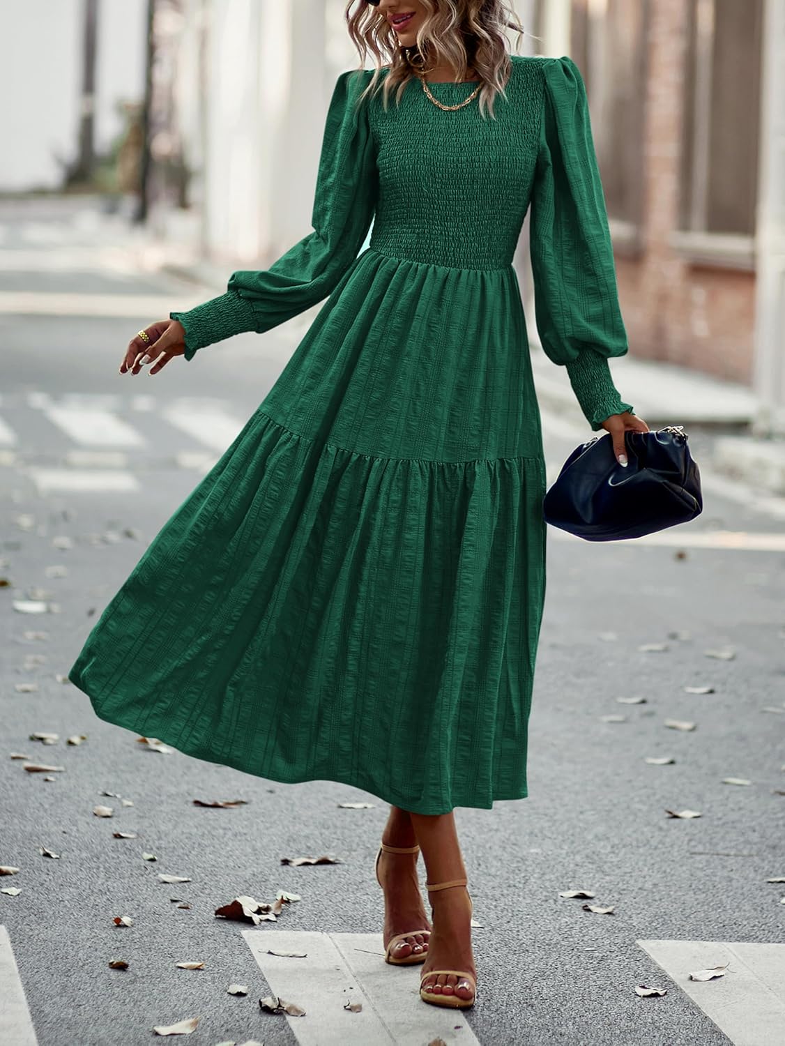 PRETTYGARDEN Women 2026 Spring Puff Long Sleeve Crewneck Smocked Maxi Dress Empire Waist Tiered A-line Swing Flowy Long Dress - Image 2