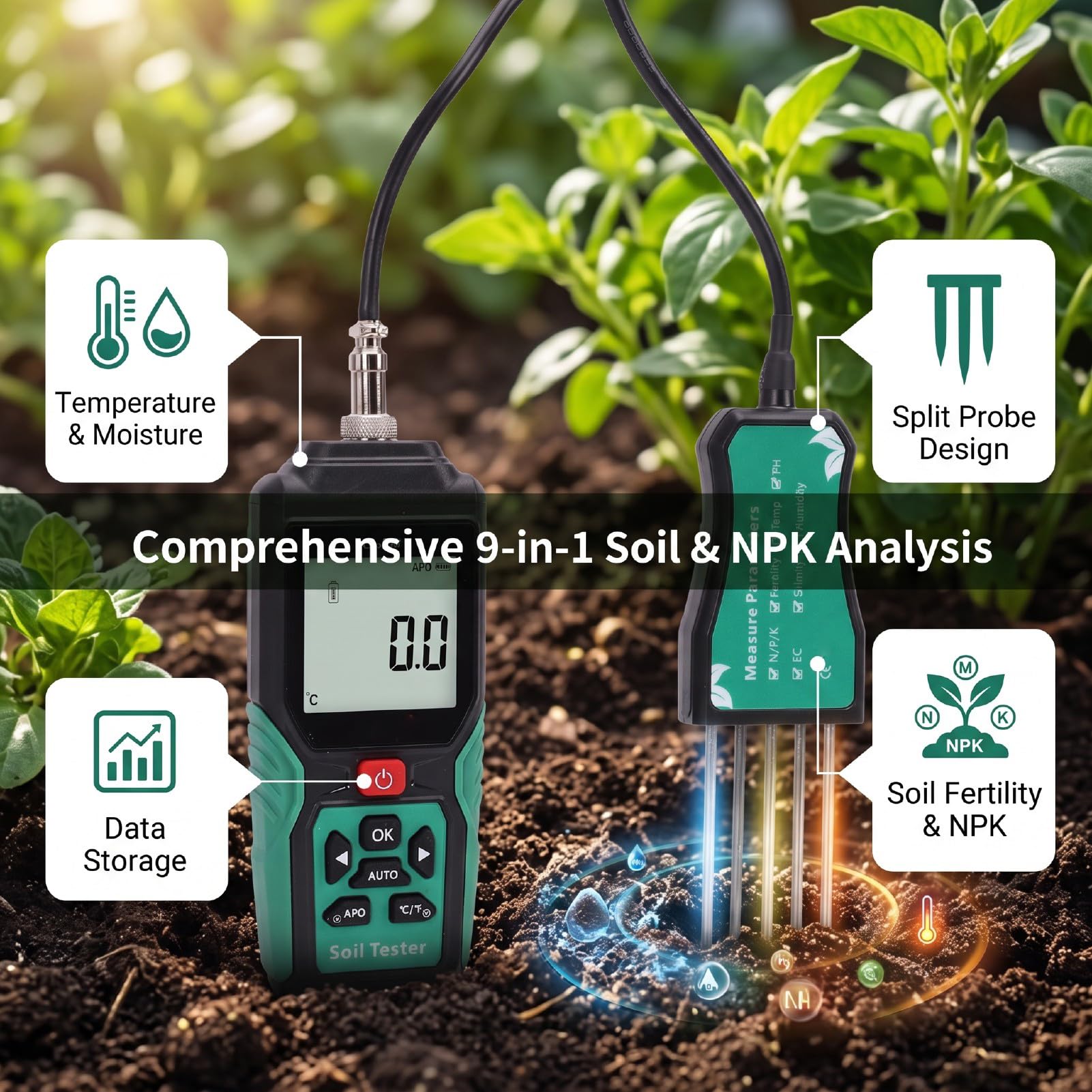 Medidor de Suelo 9 en 1, Analizador NPK PH EC Salinidad con | Carcasa ABS, Uso en Jardín y Granja, Sonda Doble, Batería Recargable 500mAh