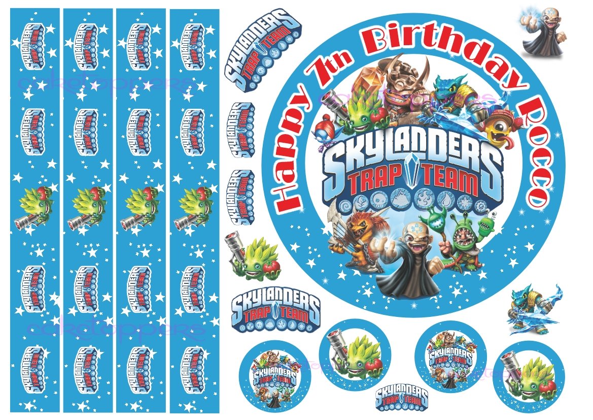EDIBLE SKYLANDERS 6" ICING BOYS PERSONALISED CAKE TOPPER WITH EDIBLE RIBBON
