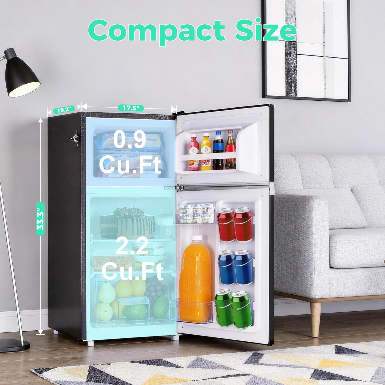 Iceblue Mini Fridge with Freezer, 3.1 Cu.Ft. Dual Door Small Refrigerator with Freezer, 7 Level Control Retro Mini Refrigerator, With Bottle Opner Mini Fridge for Bedroom, Office, Dorm, Gift - Black