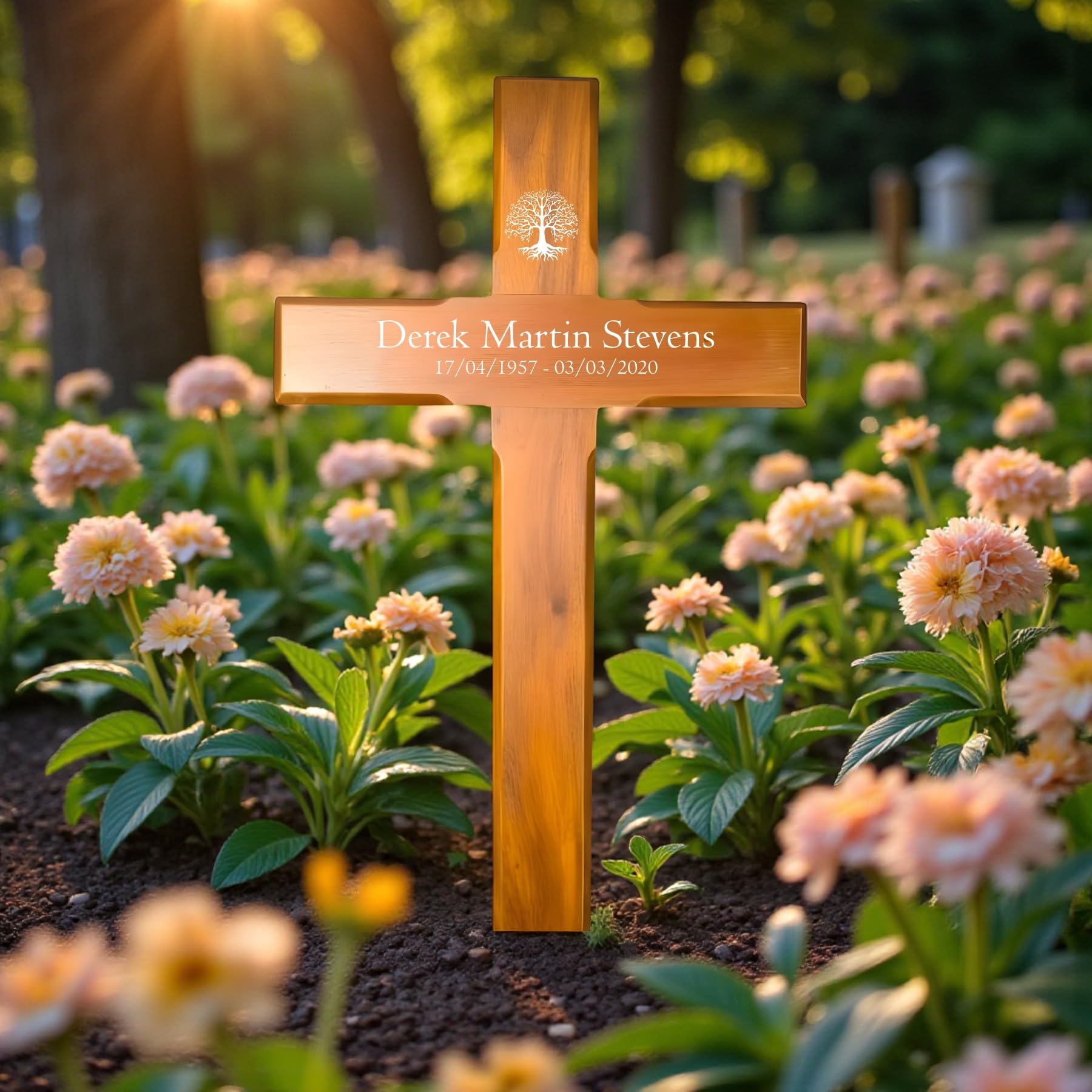 Personalised Mahogany Memorial Cross, Tree of life โ Durable Wooden Grave Marker for Outdoor Use