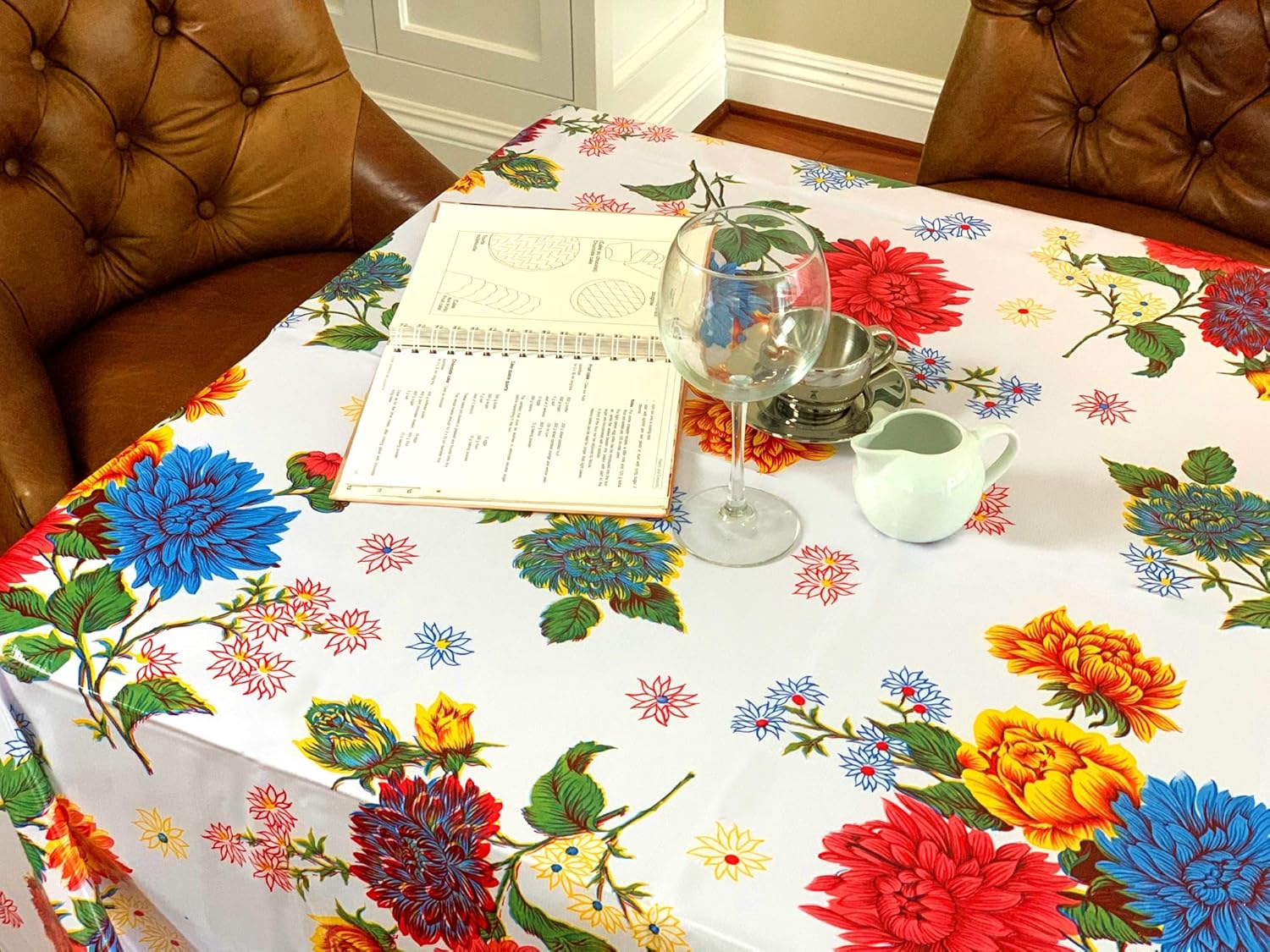 Alux - Waterproof Oilcloth Table Cloth - Wipeable Tablecloths for Picnic - Non-Fading Plastic Table Cover with Better Than Flannel Backing - Crysanthemums (55x90in Rectangle)