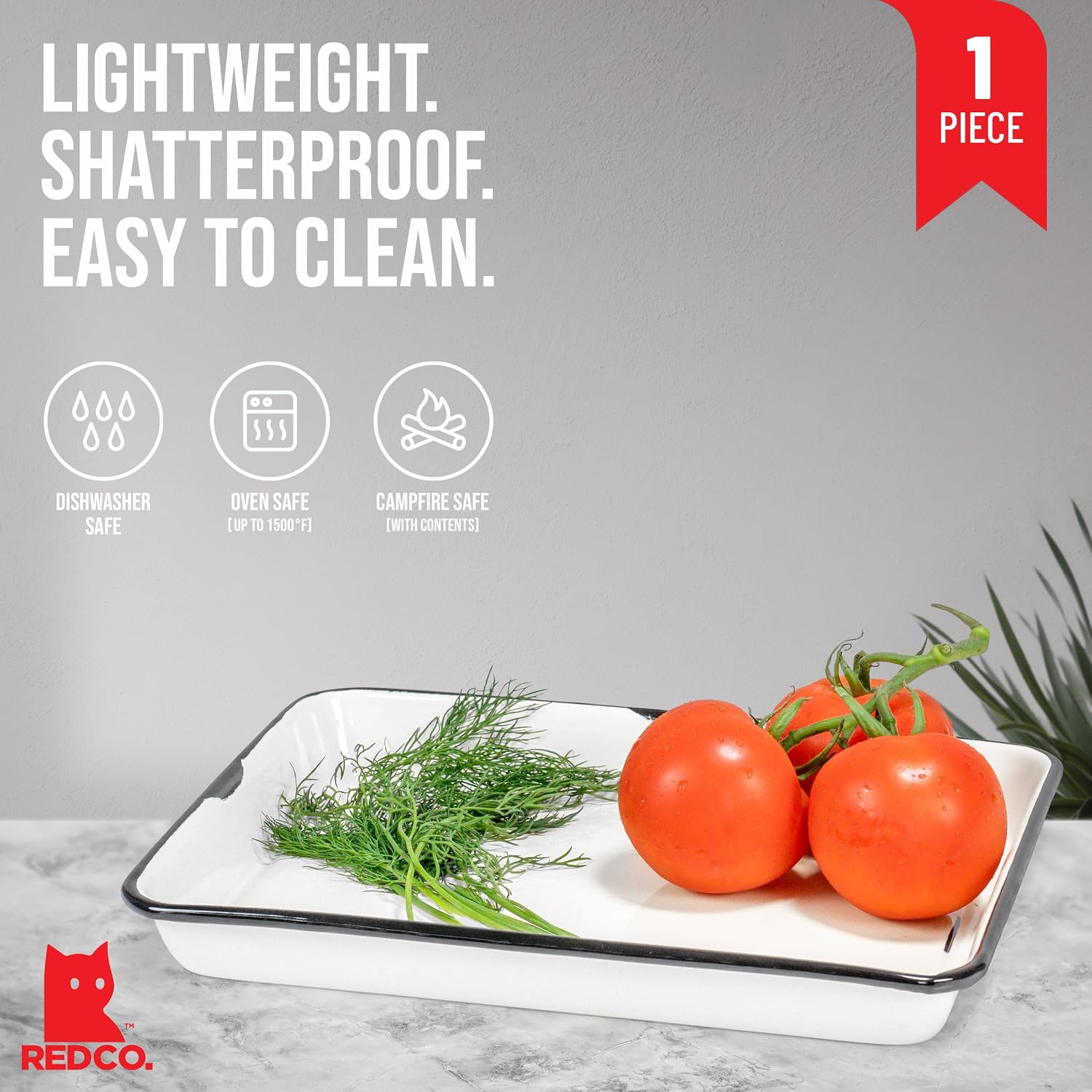 Red Co. 11 x 9 Enamelware Metal Classic 2 Quart Rectangular Serving Tray, Distressed White/Black Rim