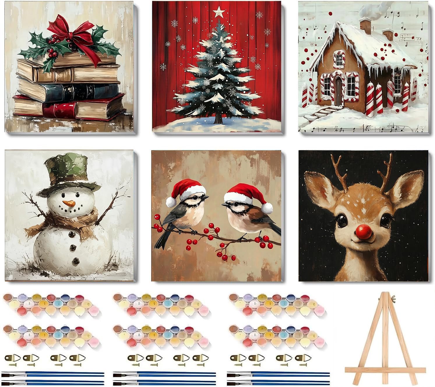 YERUOUIU 6 Pack Christmas Paint by Numbers Kit for Adults with Frame, Easy Paint by Number for Adults Beginner with Wooden Easel, DIY Painting by Numbers Canvas Framed for Home Decor 8 x 8 Inch