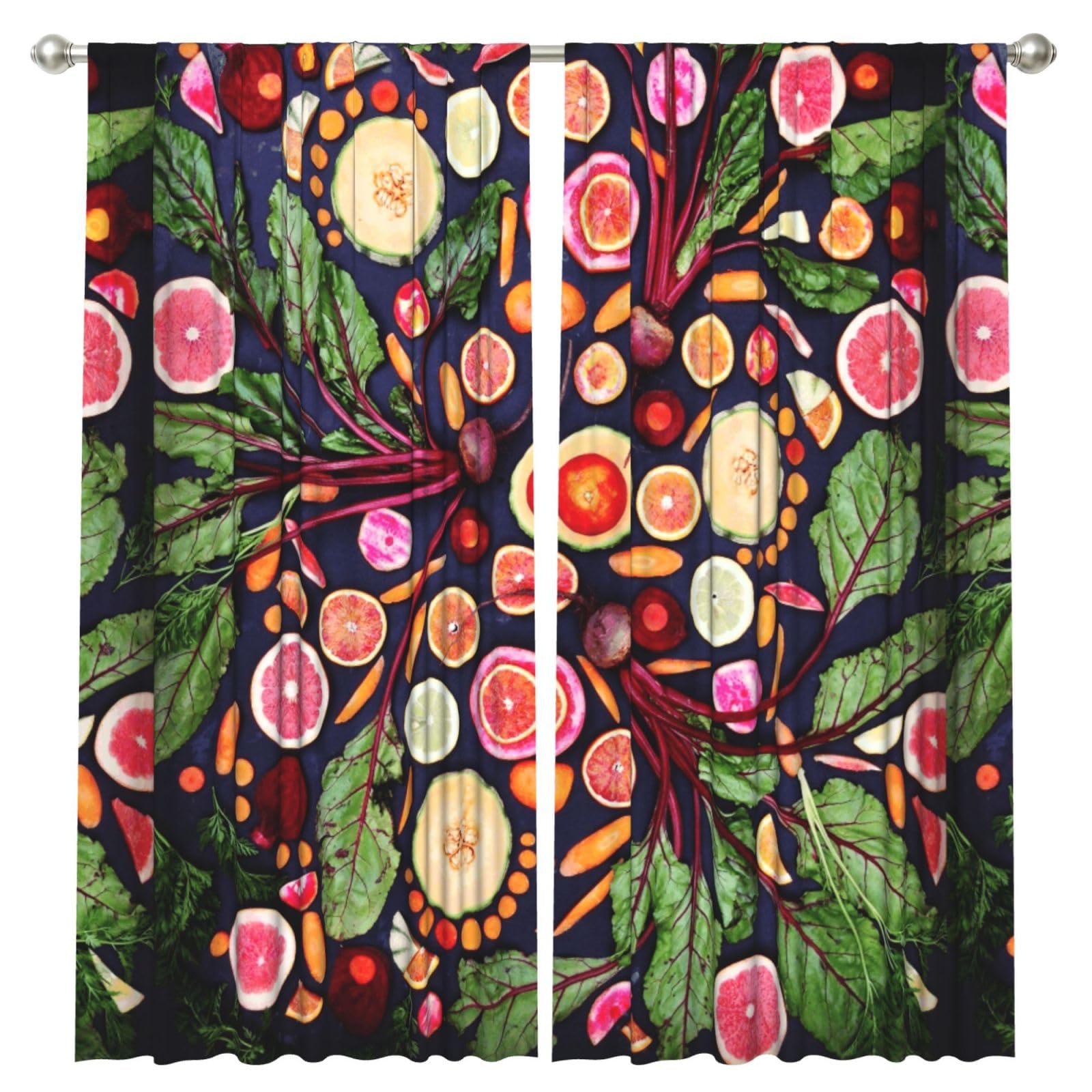 InOmak Vegan Live Fruits Vegetables Print, 2 Panels Window Curtains 52 x 84 Inch Blackout Curtains for Living Room Bedroom