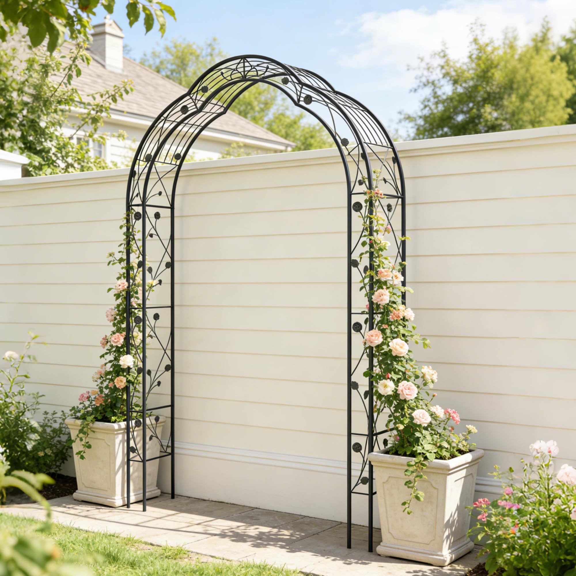 Rosenbogen aus Metall, Stabiler Gartenbogen mit verstärkten Stahlrohren, rostfrei – 250x150x39 cm – Ideal als Rankhilfe für Kletterpflanzen, Schwarz
