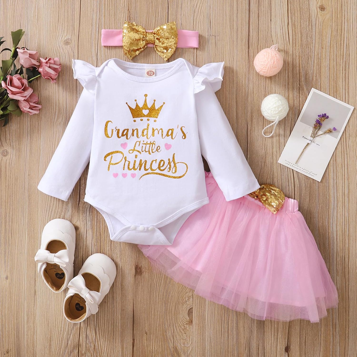 Newborn Baby Girl Outfits Infant Letter Print Romper+Tutu Skirt+Headband+Legging Warmer Coming Home Clothes Set - Image 2