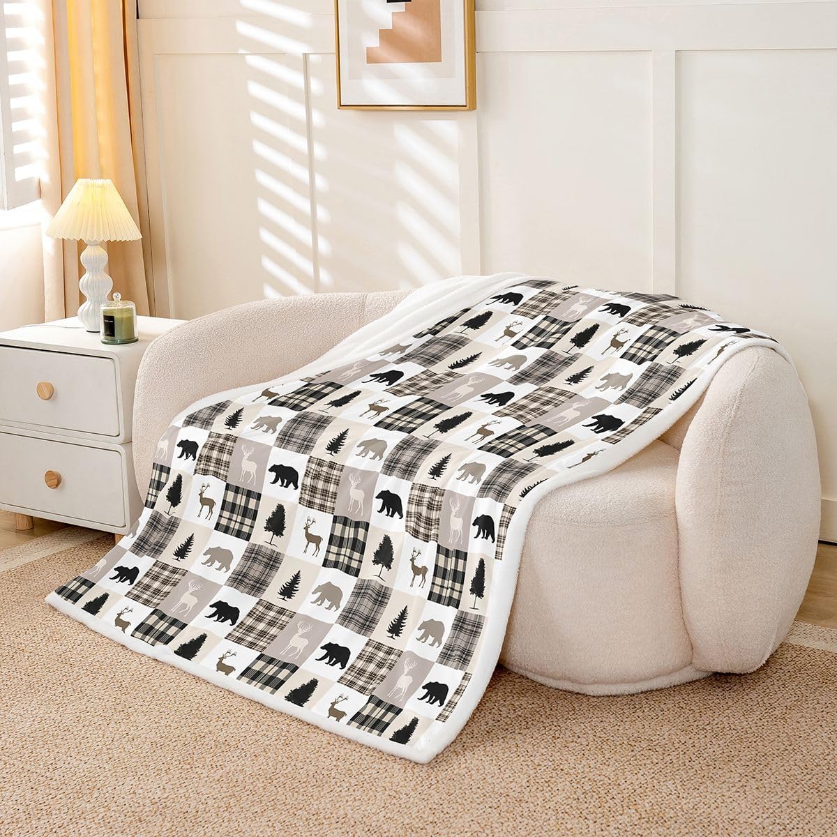 Kids Rustic Patchwork Throw Blanket, Lodge Woodland Wildlife Plush Bed Blanket Twin Size, Bear Moose Elk Pine Trees Flannel Blanket For Teens Adult, Country Buffalo Plaid Checkered Fleece Blanket
