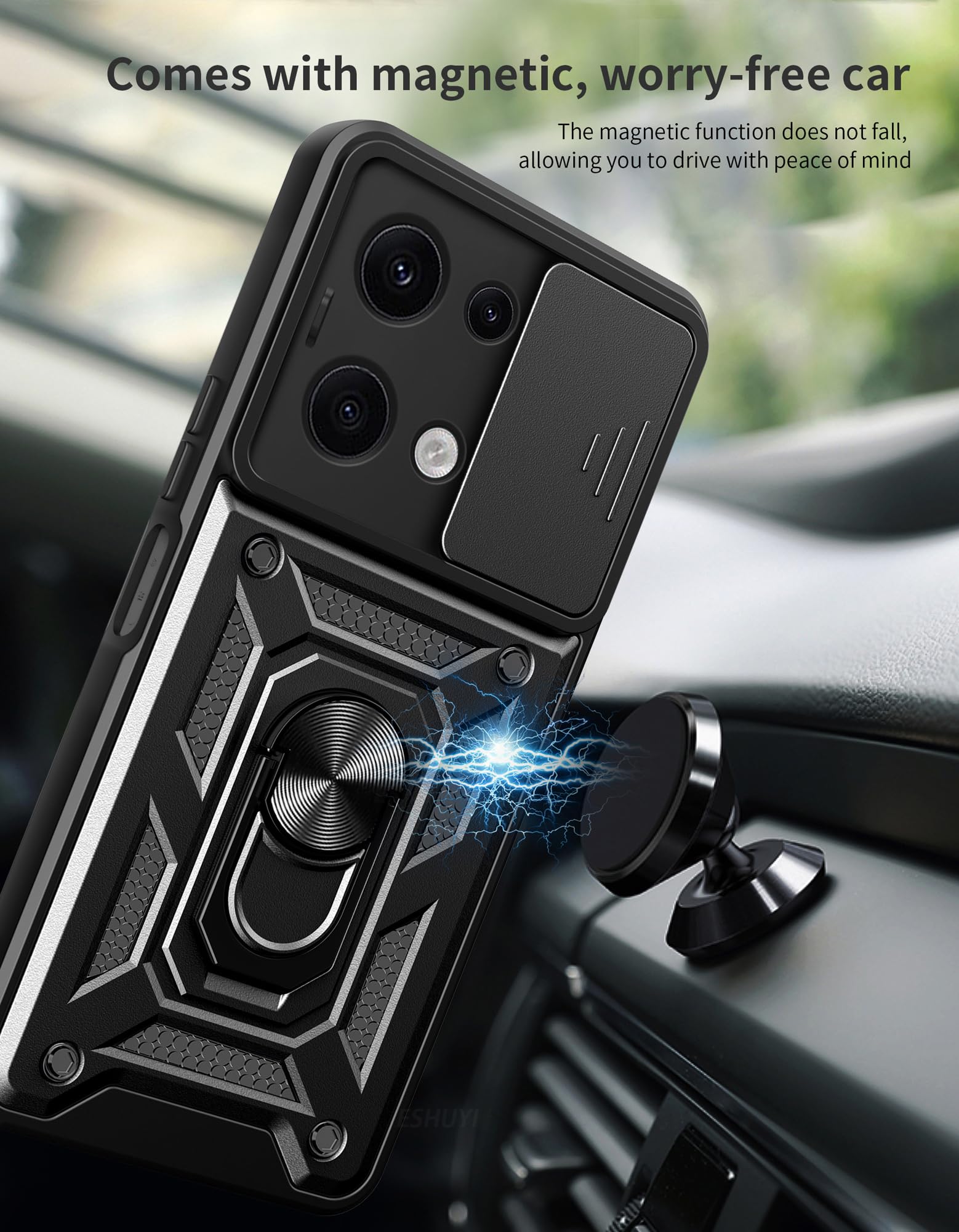 Custodia Per Poco X6 5g Custodia Per Xiaomi Redmi Note 13 Pro 5G / Poco X6 5G – Con Copertura Scorrevole Fotocamera E Anello Magnetico Girevole, Nero Custodia Ibrida PC TPU Antiurto