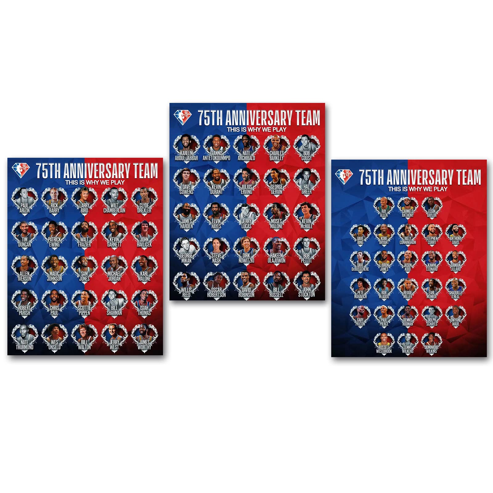 75th Anniversary Team Basketball Legends Player Painting Motivation Gift Sports Canvas Wall Art Memorabilia Gifts, Exquisite & inexpensive Gift for Basketball Fan Boys & Men, 3Pcs/Set(12*16, Unframed)