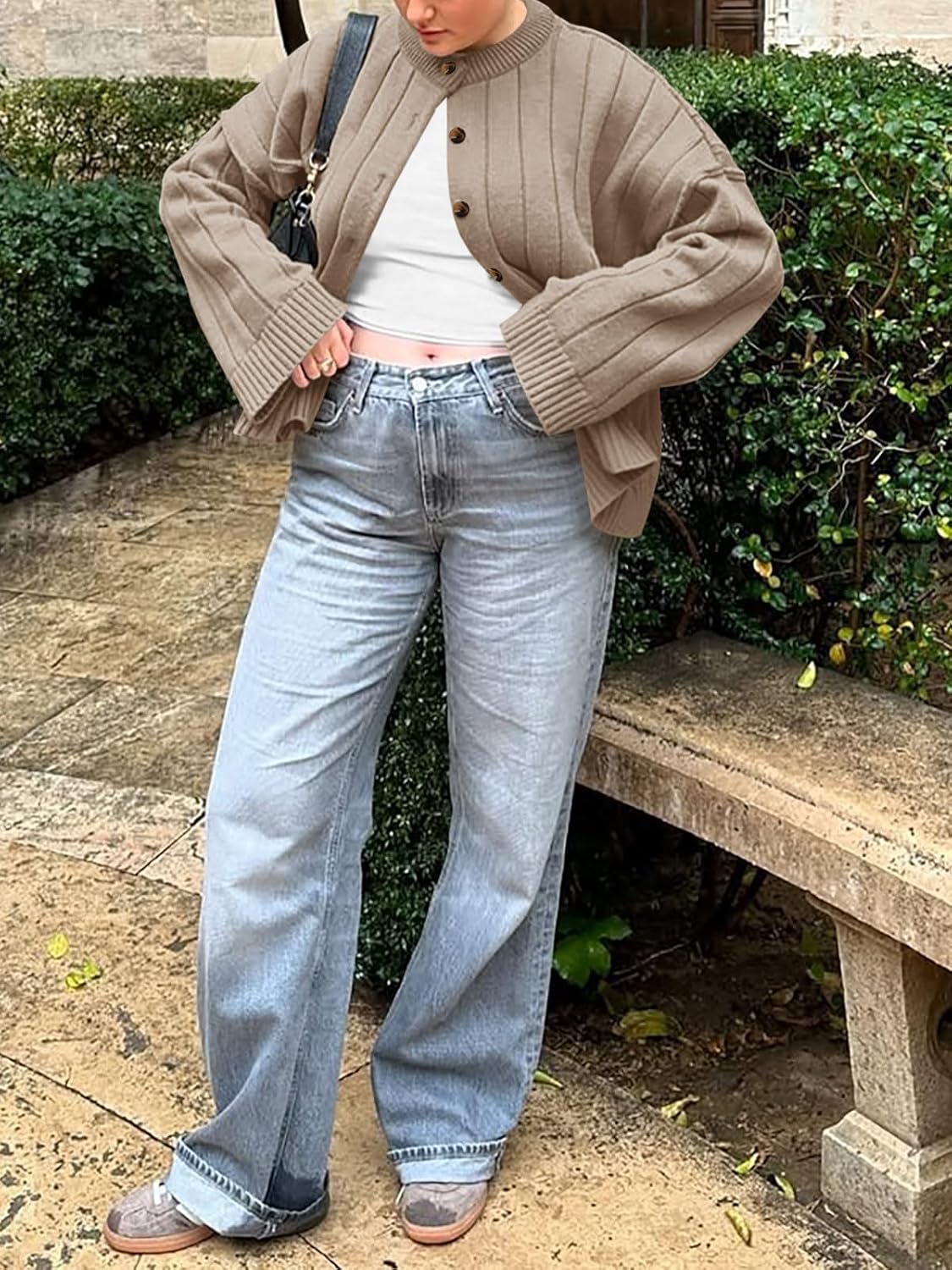 Saodimallsu Womens Open Front Cardigan Sweaters Button Down Knit Long Sleeve Crewneck Casual Loose Fall Outerwear