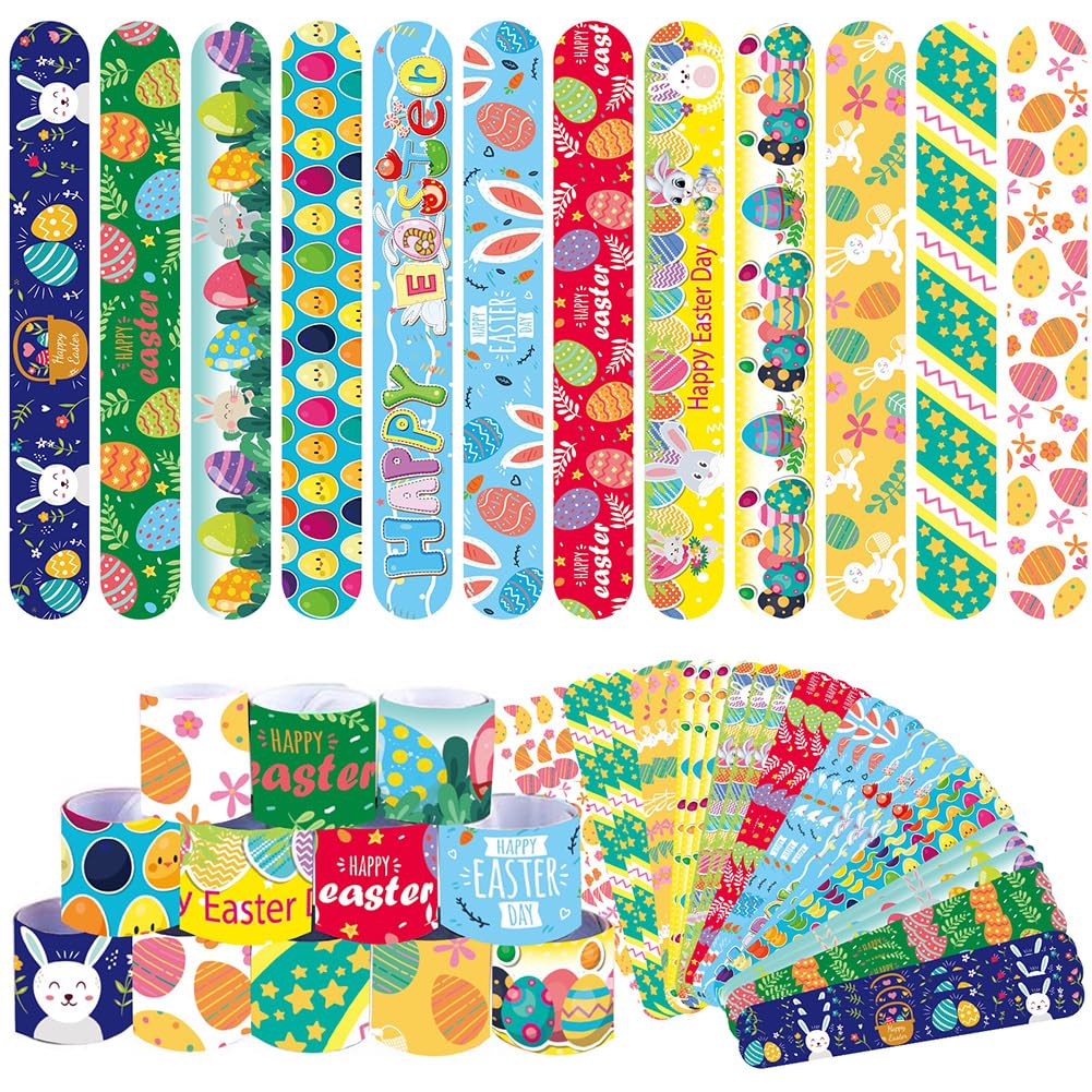 48 Piezas Pulseras Slap Pascua, Pulsera de Bofetadas Resurrección,Clap Bracelets Slap Band Cartoon Conejo Pollo Patrón Juguetes 12 Estilos Accesorios de Cumpleaños Fiesta Regalos para Niños Niñas