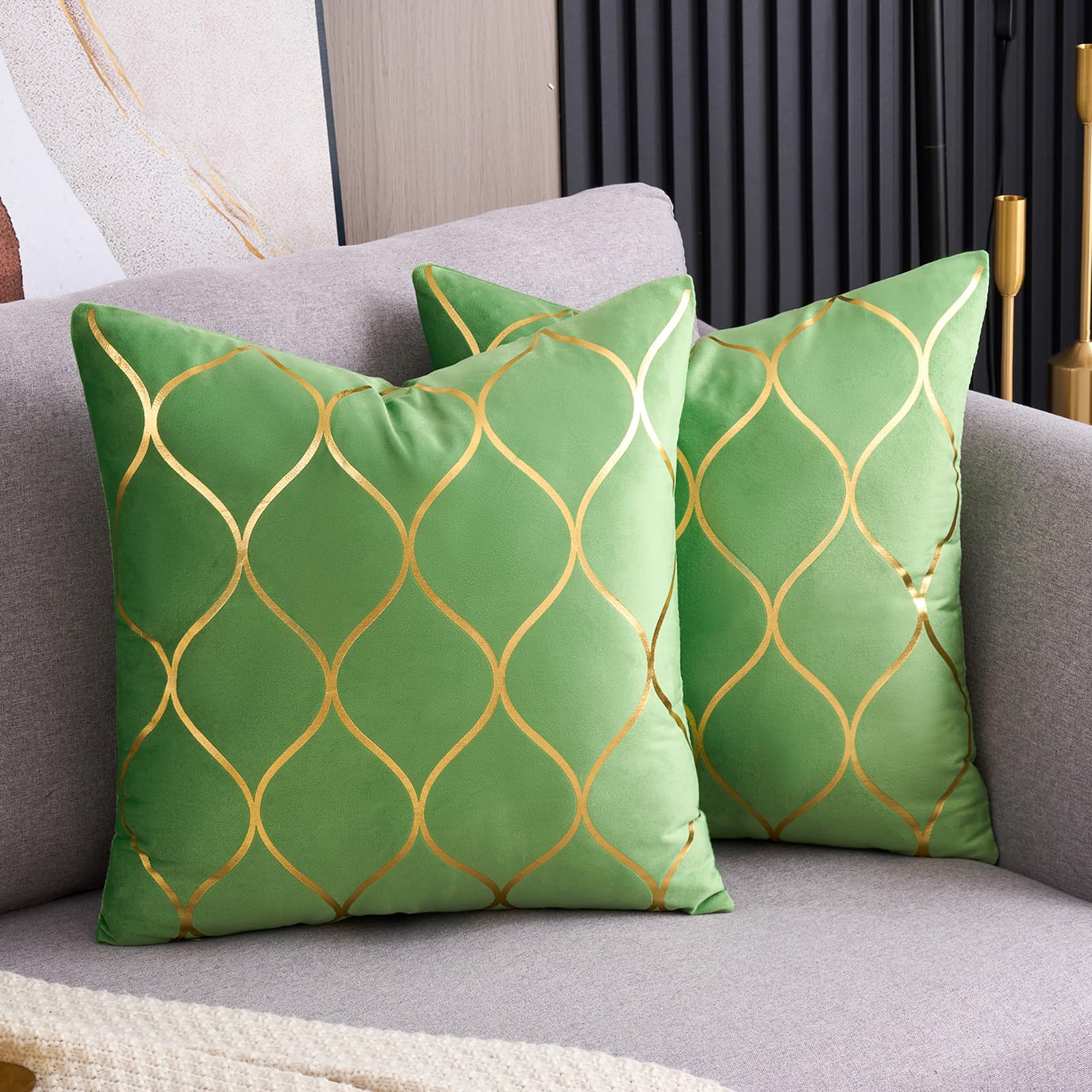 Arwllzz Sage Green Velvet Cushion Covers 45x45 Set of 2 Luxury Golden Decorative Throw Pillow Case Soft Stripes Texture Modern Square Pillowcases for Sofa Couch Bedroom (18 x 18 cm) — image 1