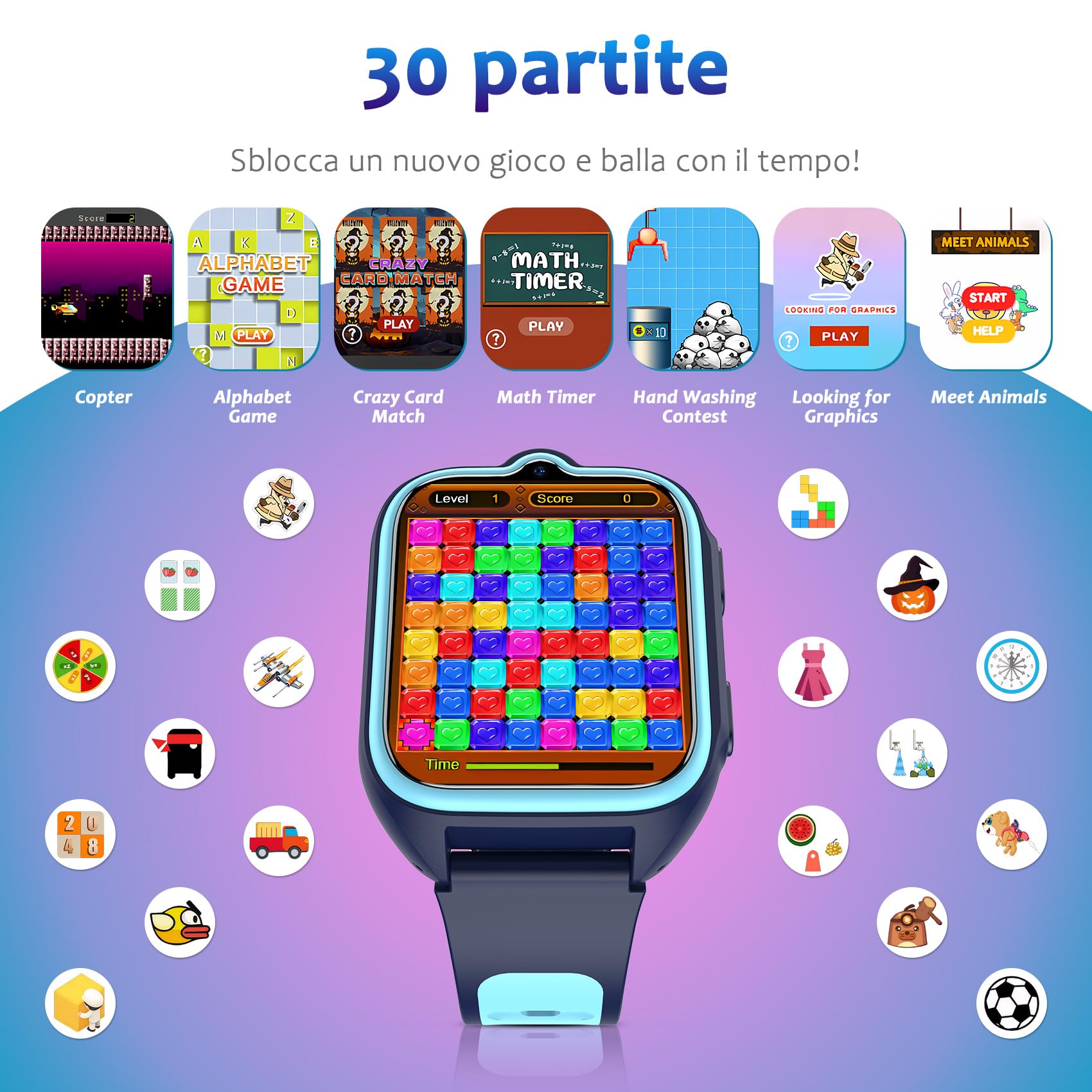 Blackview Smartwatch per Bambini, 1.75 inch TFT Smartwatch 30 Giochi, Sveglia, Fotocamera Touch HD, Video, Lettore Musicale, Contapassi, Torcia, Smartwatch per Bambini con Schermo Touch per Bambini