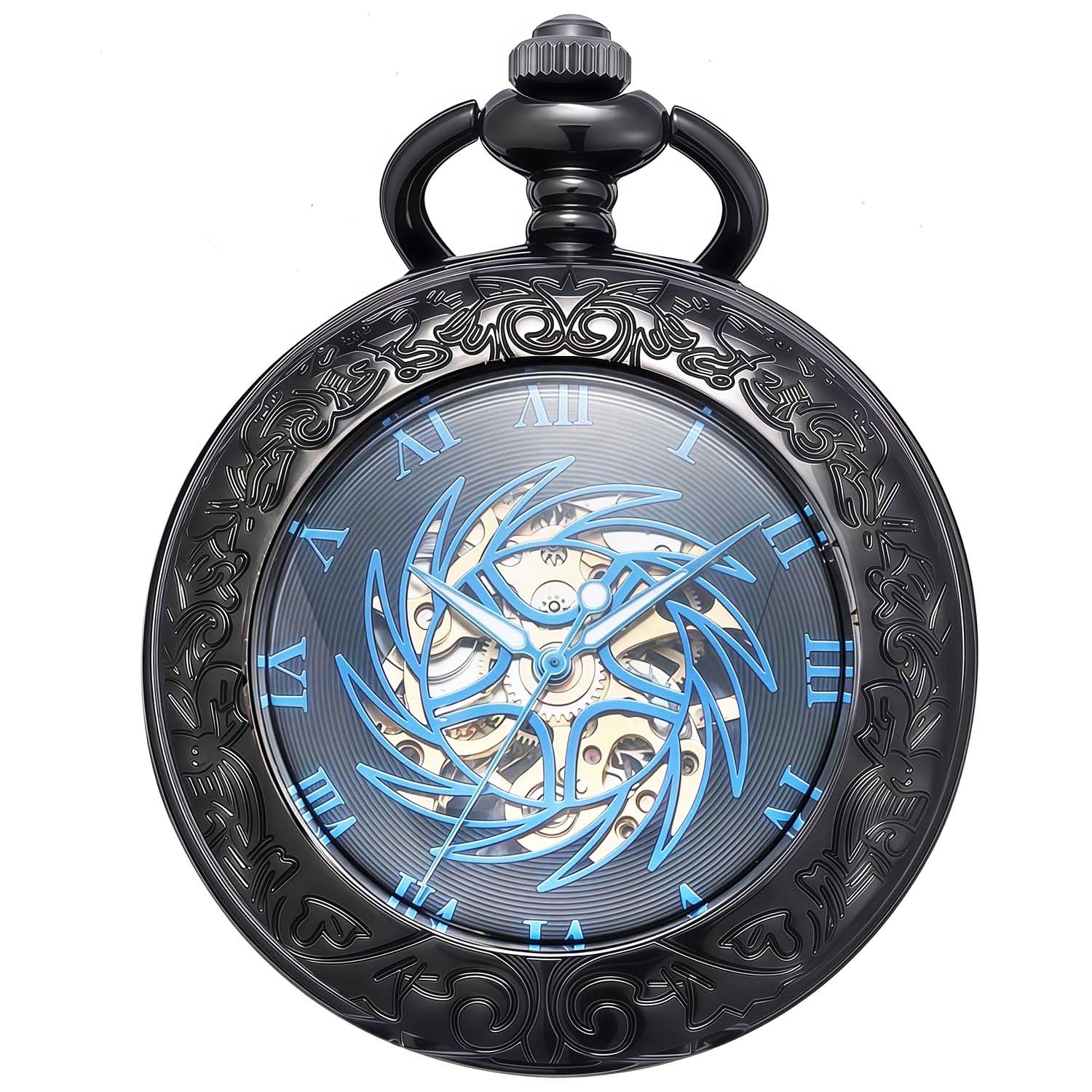 Orologio da tasca meccanico serie Sun-God-Bird, nero, per uomo e donna, lente d'ingrandimento speciale, mezza cassa incisa, numeri romani con catena