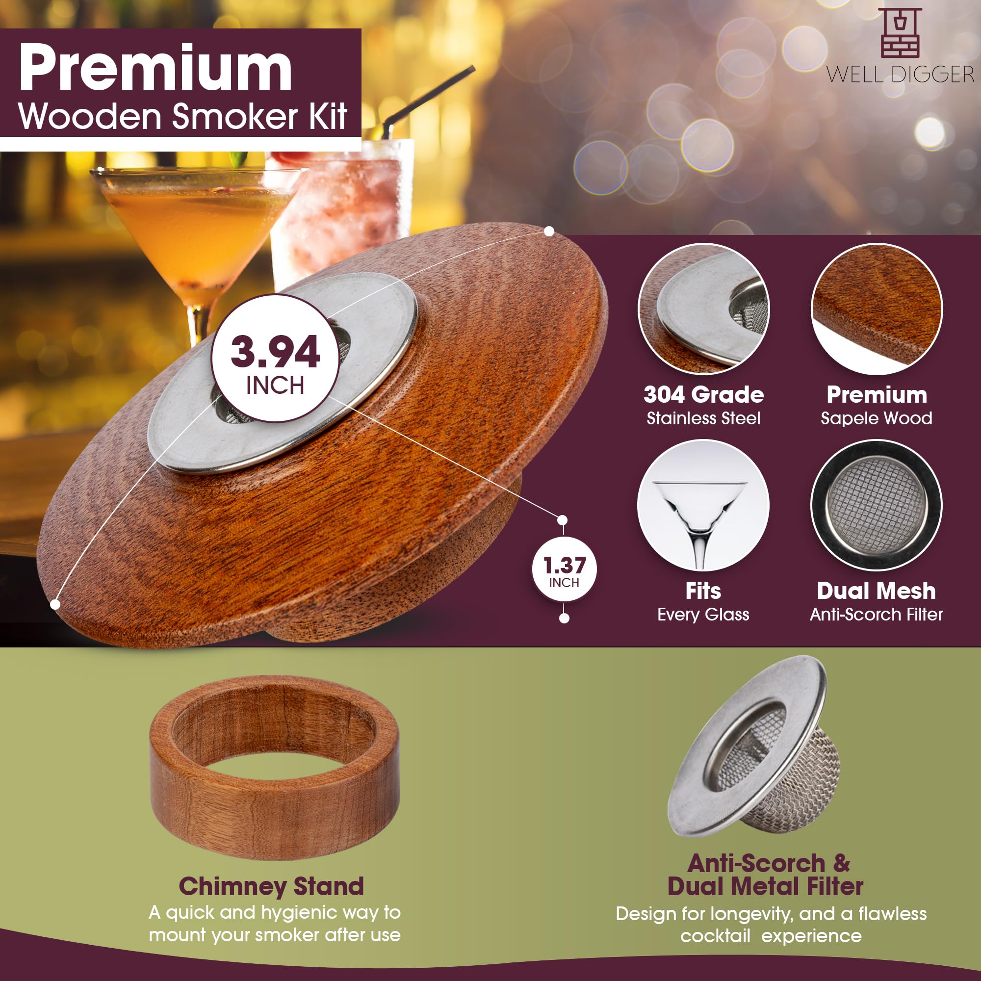Cocktail-Räucherdeckel Aus Holz – Set Mit Reinigungsbürste Für Whiskey, Cocktails & Mehr
