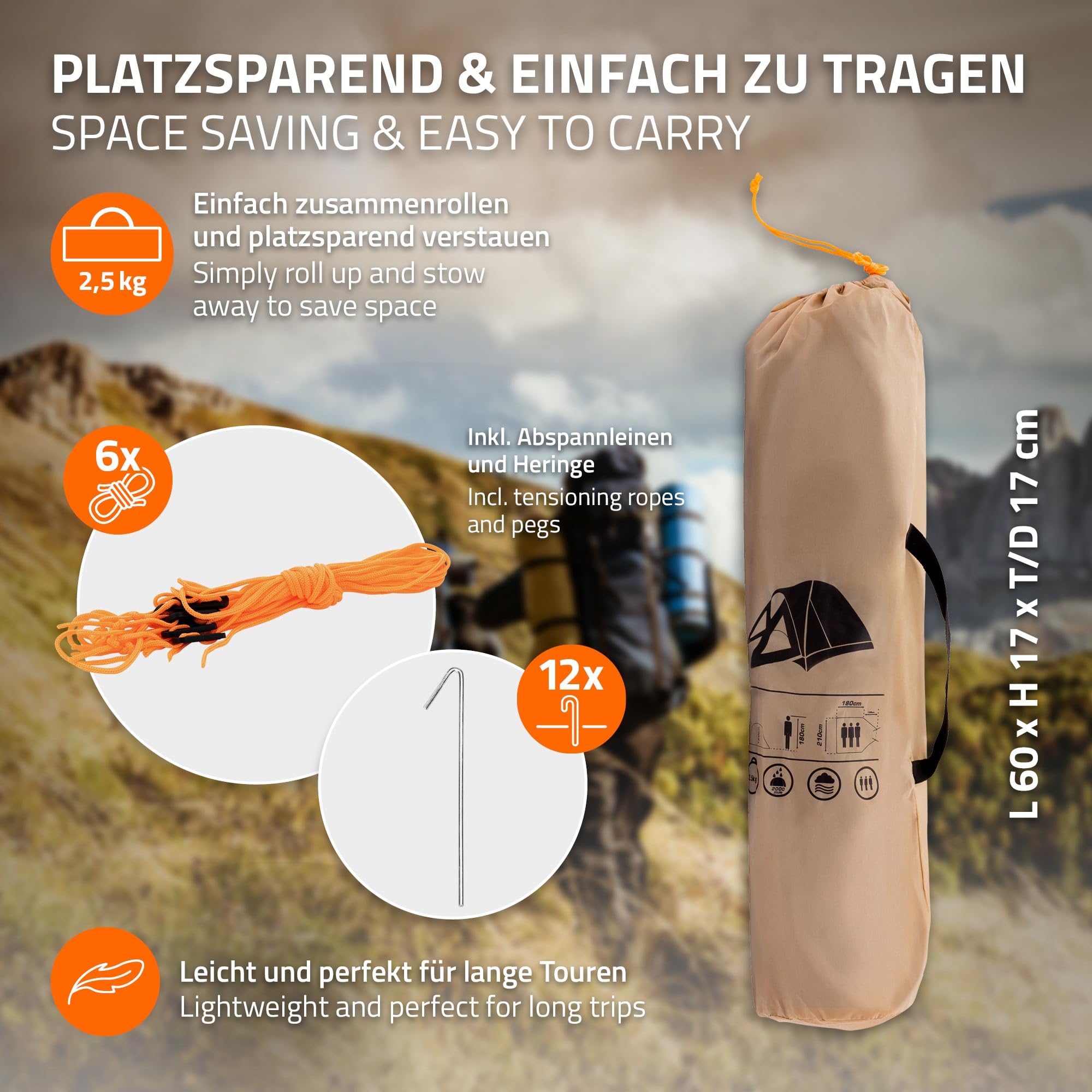 Campingtent voor 2-3 personen 210x180x120 cm Beige-grijze koepeltent