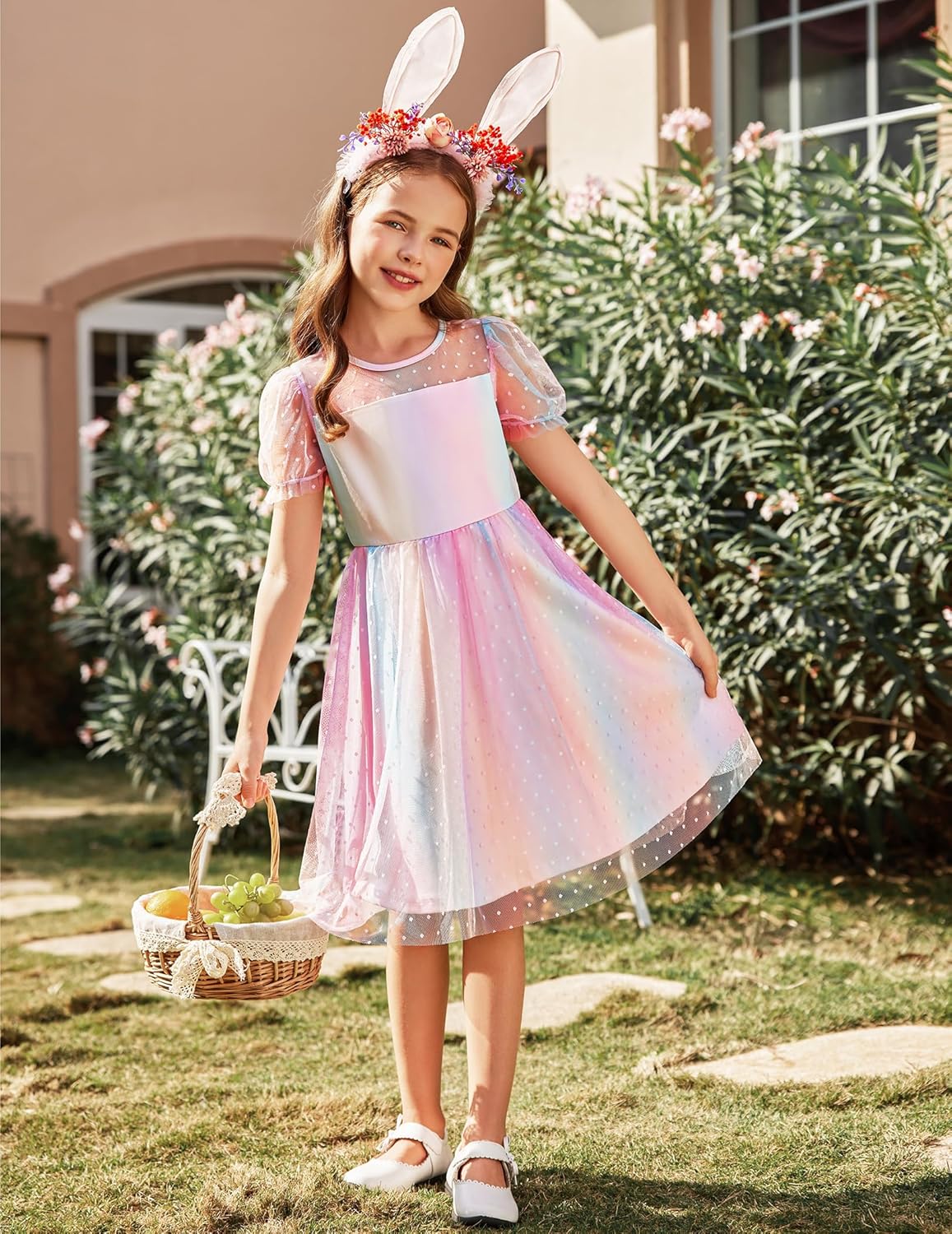 Arshiner Girls Dress Contrast Mesh Puffy Short Sleeve A Line Casual Party Dress 3-12 Years - Image 8