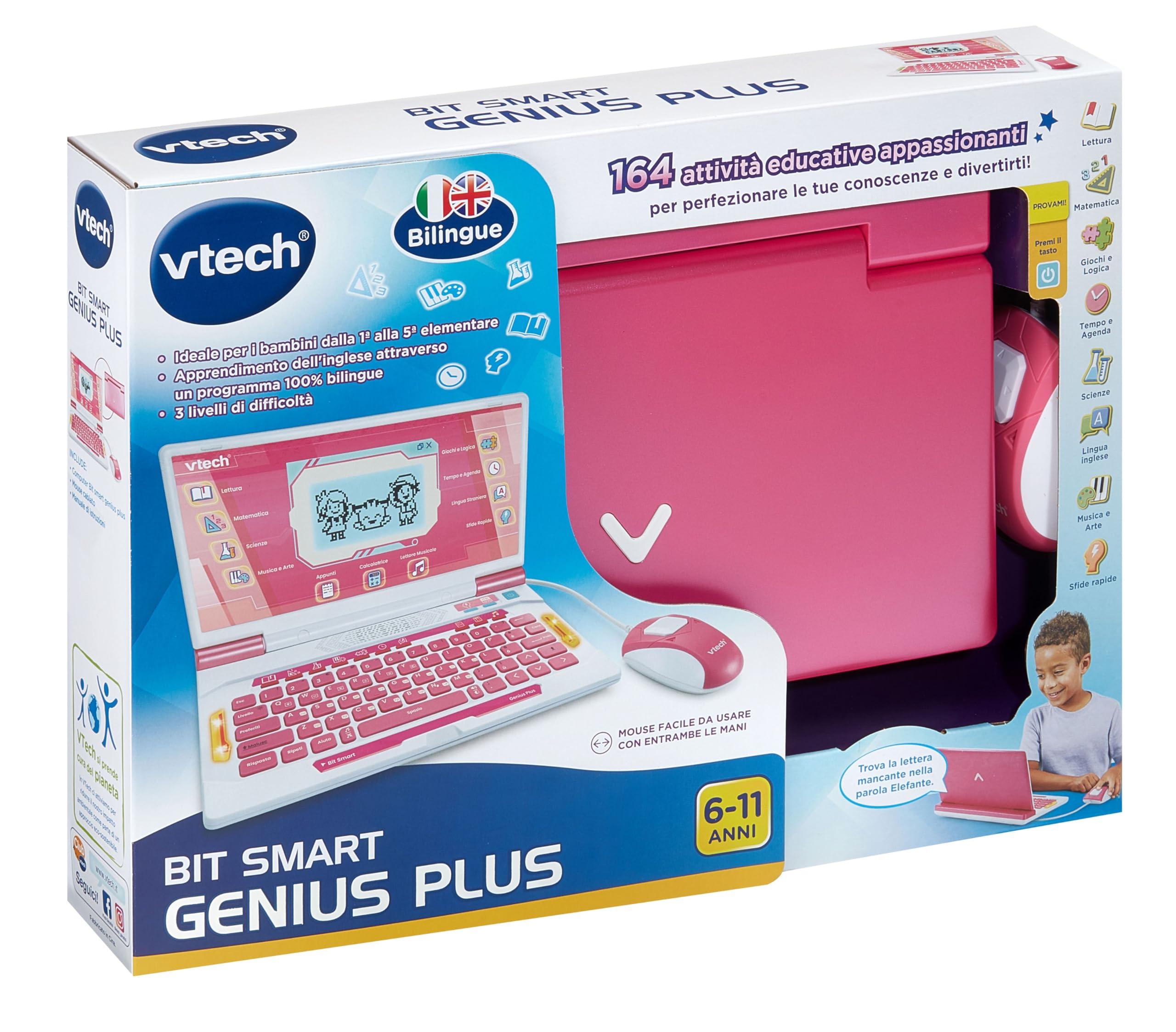 VTech Bit Smart Genius Plus Rosa, komputer interaktywny dla dzieci, w zestawie komputer z myszką, 164 aktywności, komputer edukacyjny włoski i angielski, klawiatura QWERTY, baterie w zestawie, 6-11