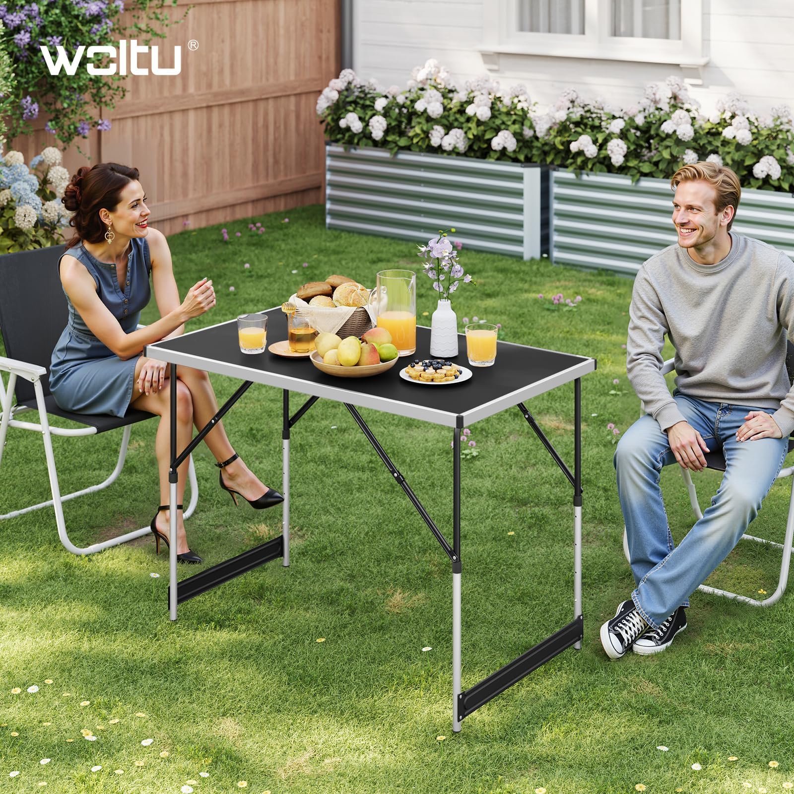 WOLTU Tavolo da Campeggio Picnic Giardino Pieghevole Portatile Altezza Regolabile in MDF Nero 100x60x73/94cm