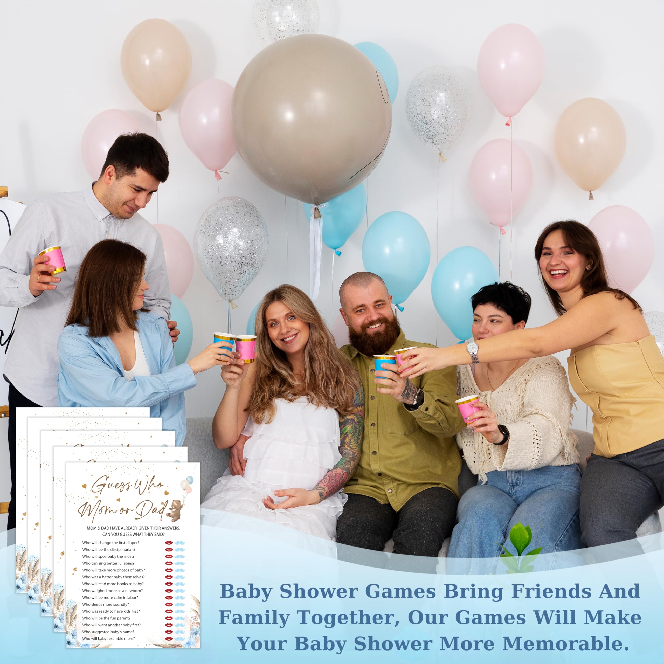 Gry na baby shower, 'Guess Who Mommy or Daddy', motyw niedźwiedzia, niebieska karta do gier na baby shower dla 25 graczy, neutralna płeć pomysły na imprezę, upominek, baby shower chłopcy dekoracje