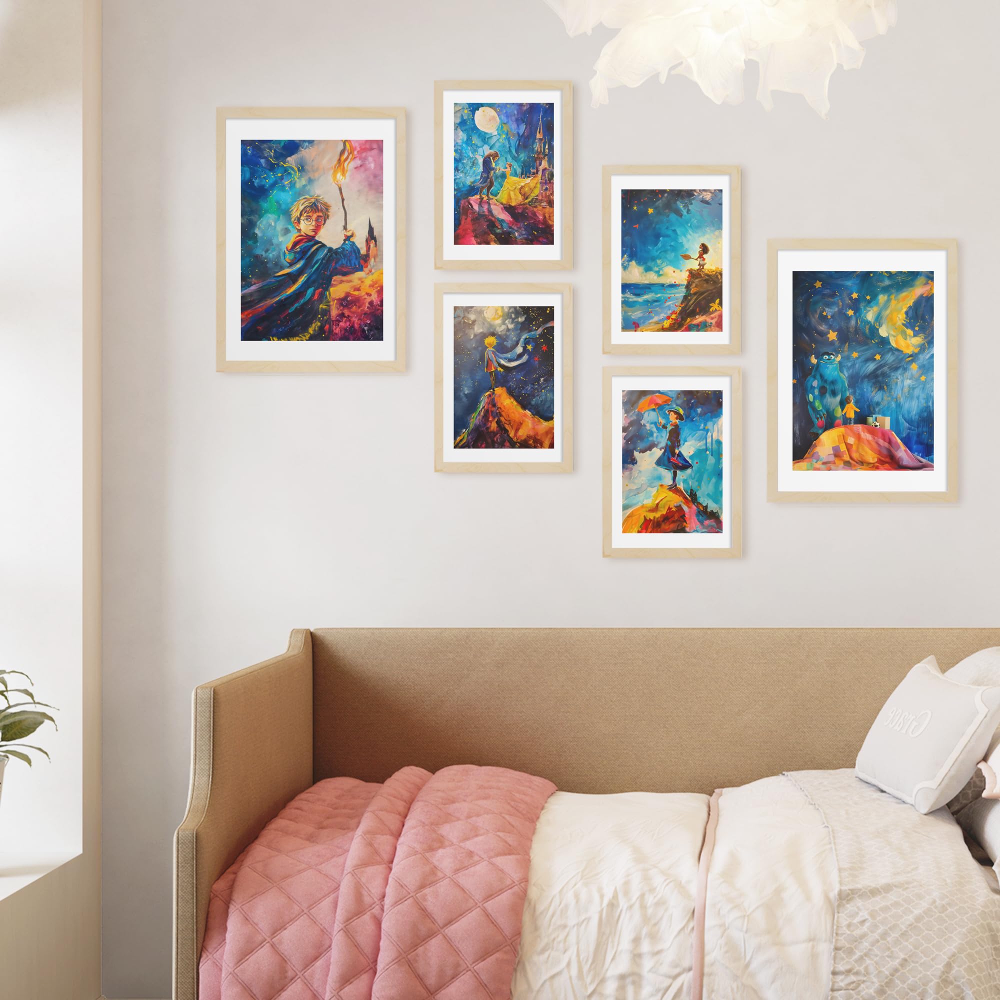 Nacnic Set da 6 Film per bambini Poster con cornice con illustrazioni di design per decorare le pareti di casa Stanza, ufficio A3 e A4 Struttura in legno chiaro