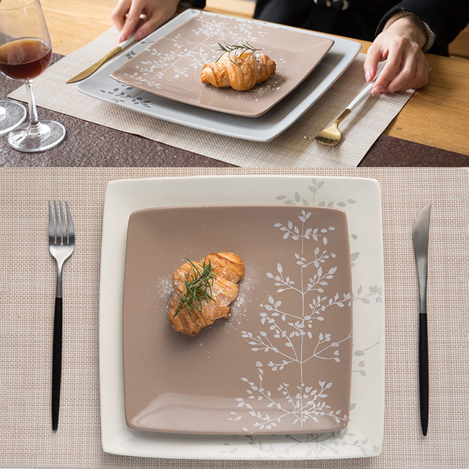 Kwadratowy zestaw ceramicznej zastawy stołowej dla 4 osób; zestaw porcelanowej zastawy stołowej zawierający 4 talerze, 4 talerze sałatkowe, 4 miski i 4 kubki; cerami,