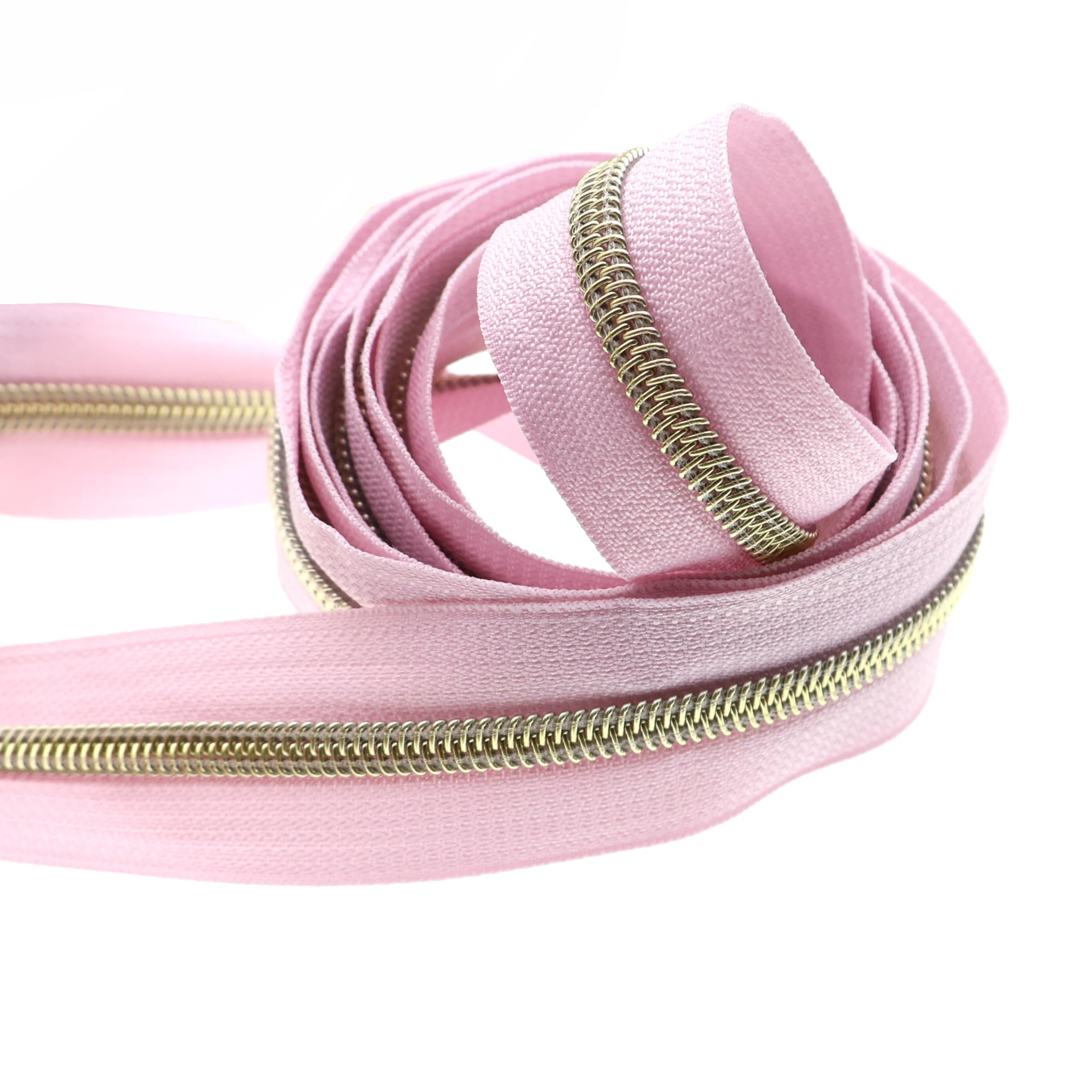 Leekayer #5 Gold Metallic Nylon Coil Zippers by The Yard Bulk 10 Yards Pink Zipper Tape with 25pcs Gold Ring Pull Sliders for DIY Sewing Tailor Craft Bag(Pink) - Image 3