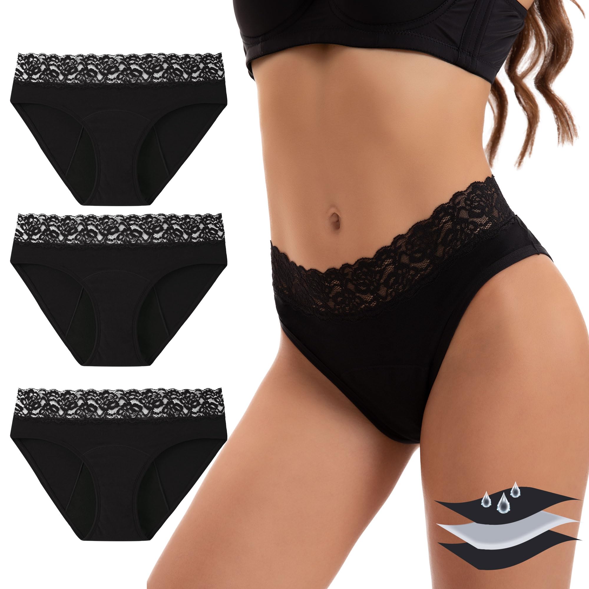 INNERSY Cotton Period Underwear for Women Lace Leak Proof Menstrual Panties 3 Pack
