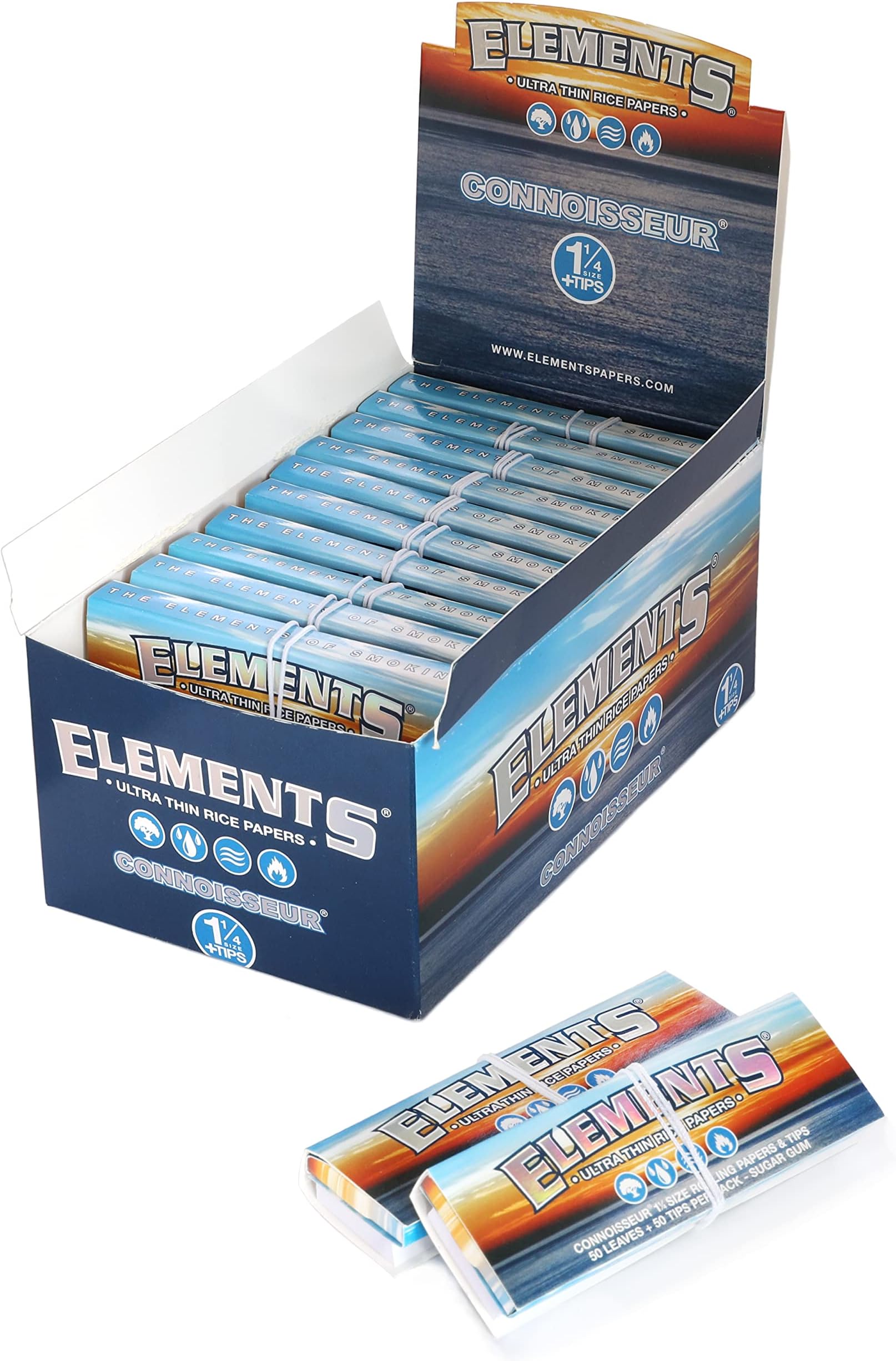 1 Box Elements Connoisseur Size 1 1/4 Ultra Thin Rolling Papers+Tips