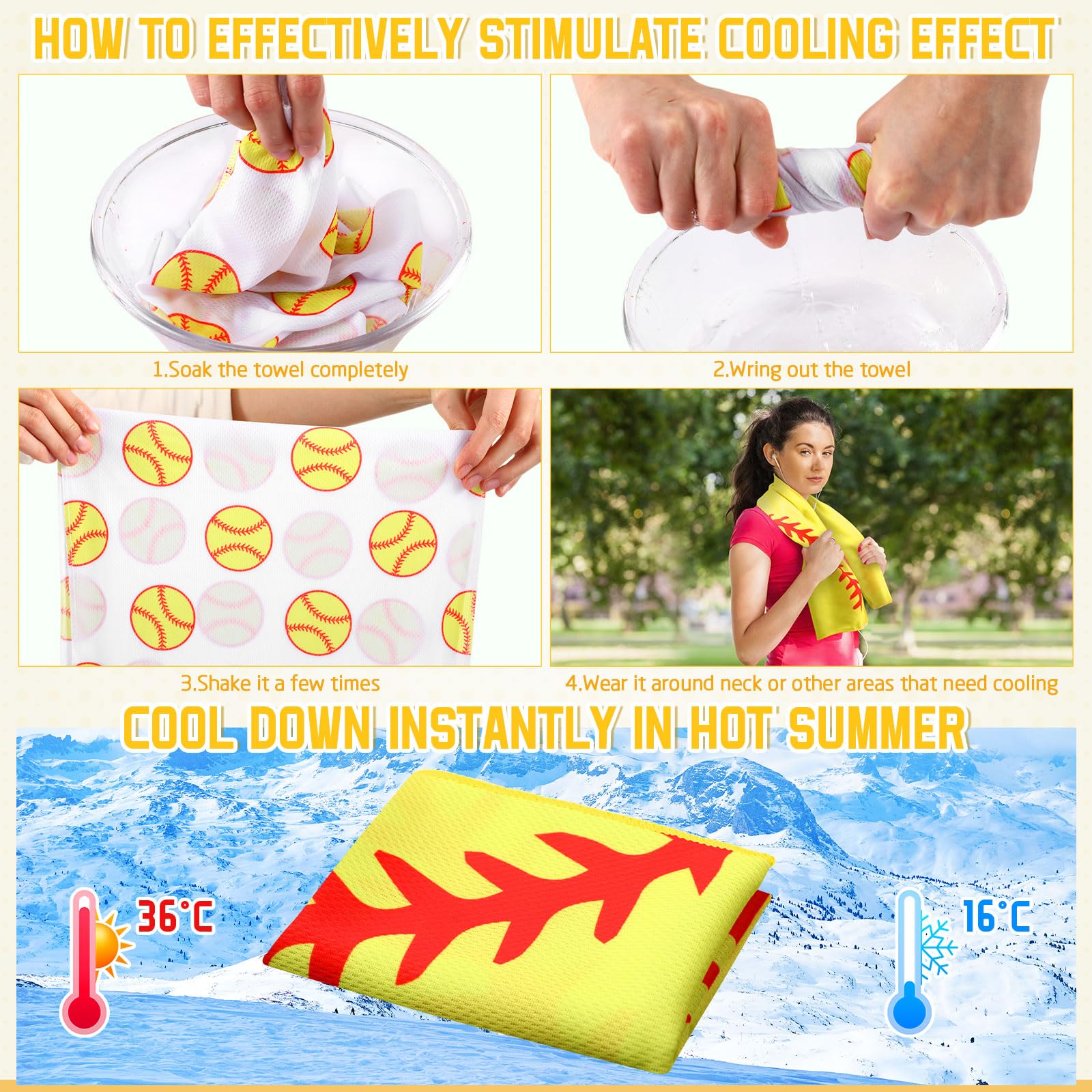 FuWeave 24 Pcs Sports Cooling Towels Baseball Basketball Softball 40 x 12 Inch Breathable Soccer Football Volleyball Microfiber Ice Towel Fast Drying for Sport Party Favors Team Gift(Yellow,Softball)