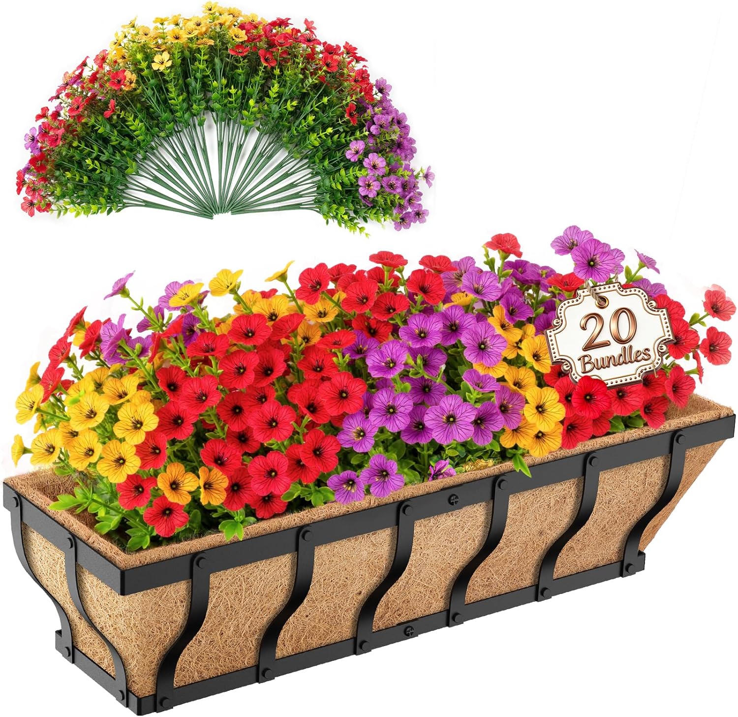 Railing Planter Boxes with Artificial Flowers, Adjustable Balcony Planters for Railing Hanging, UV Sun Resistant Colorful Daisy for Porch Patio Balcony Home (1 Pack, 24 Inch)
