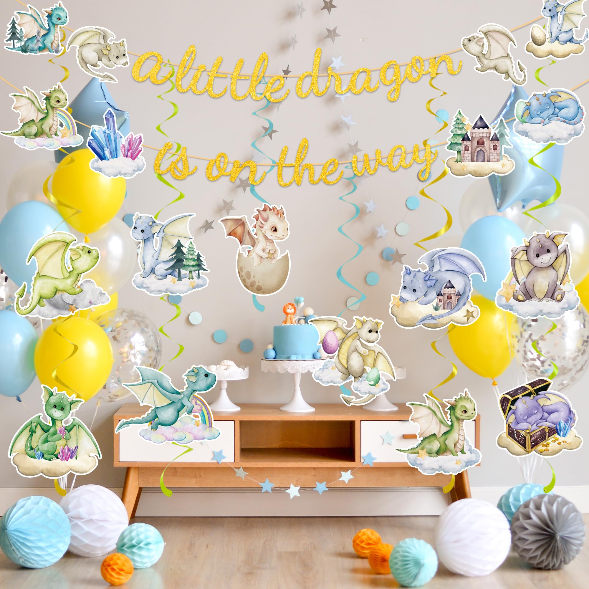 Dragon Baby Shower Decorations Kit - Backdrop, Banner, Balloons & Cake Toppers For Welcome Baby Party