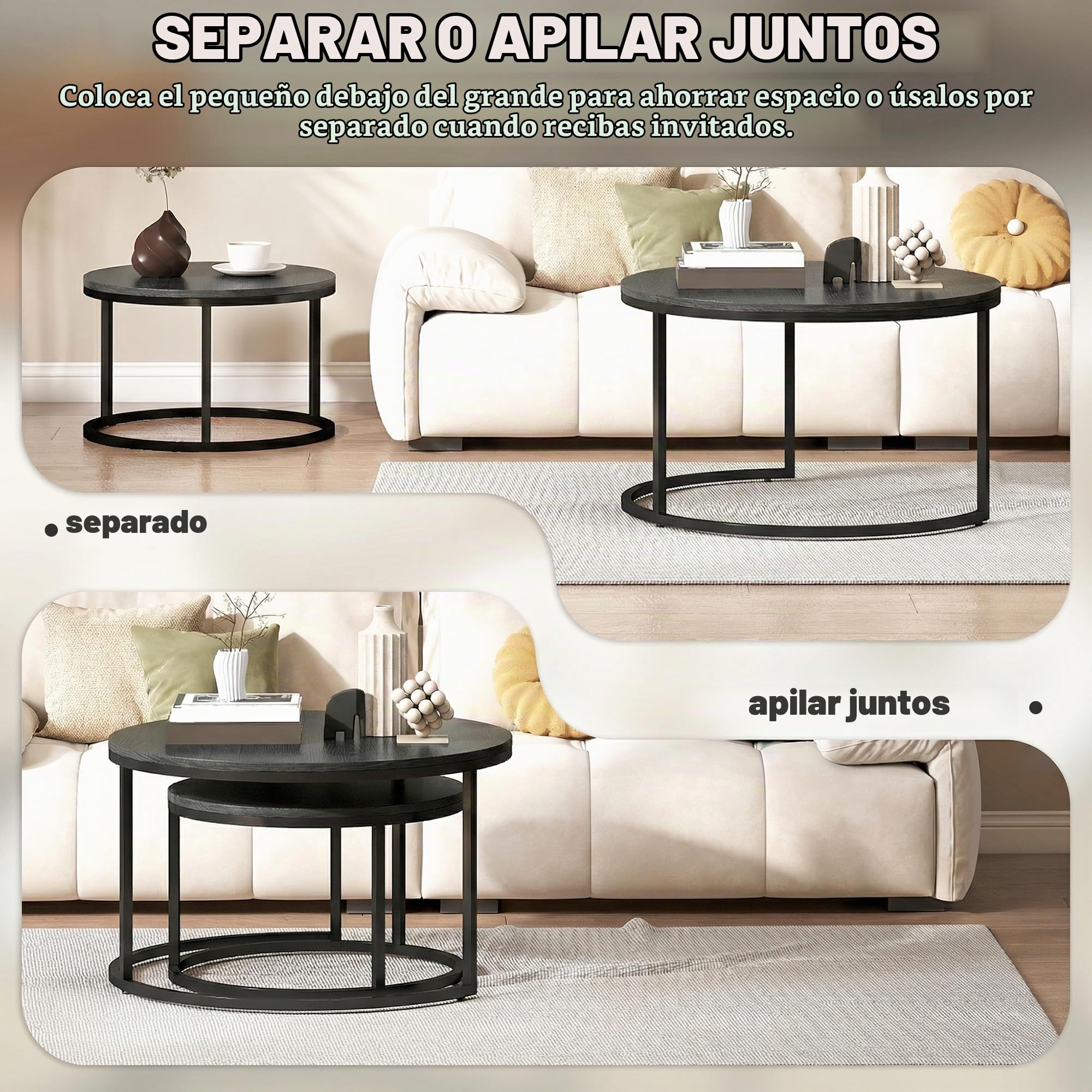 HOMCOM Juego de 2 mesas de centro nido, mesa de centro redonda, apilable, diseño industrial, mesa de centro, patas de metal, negro | Diseño industrial, patas de metal