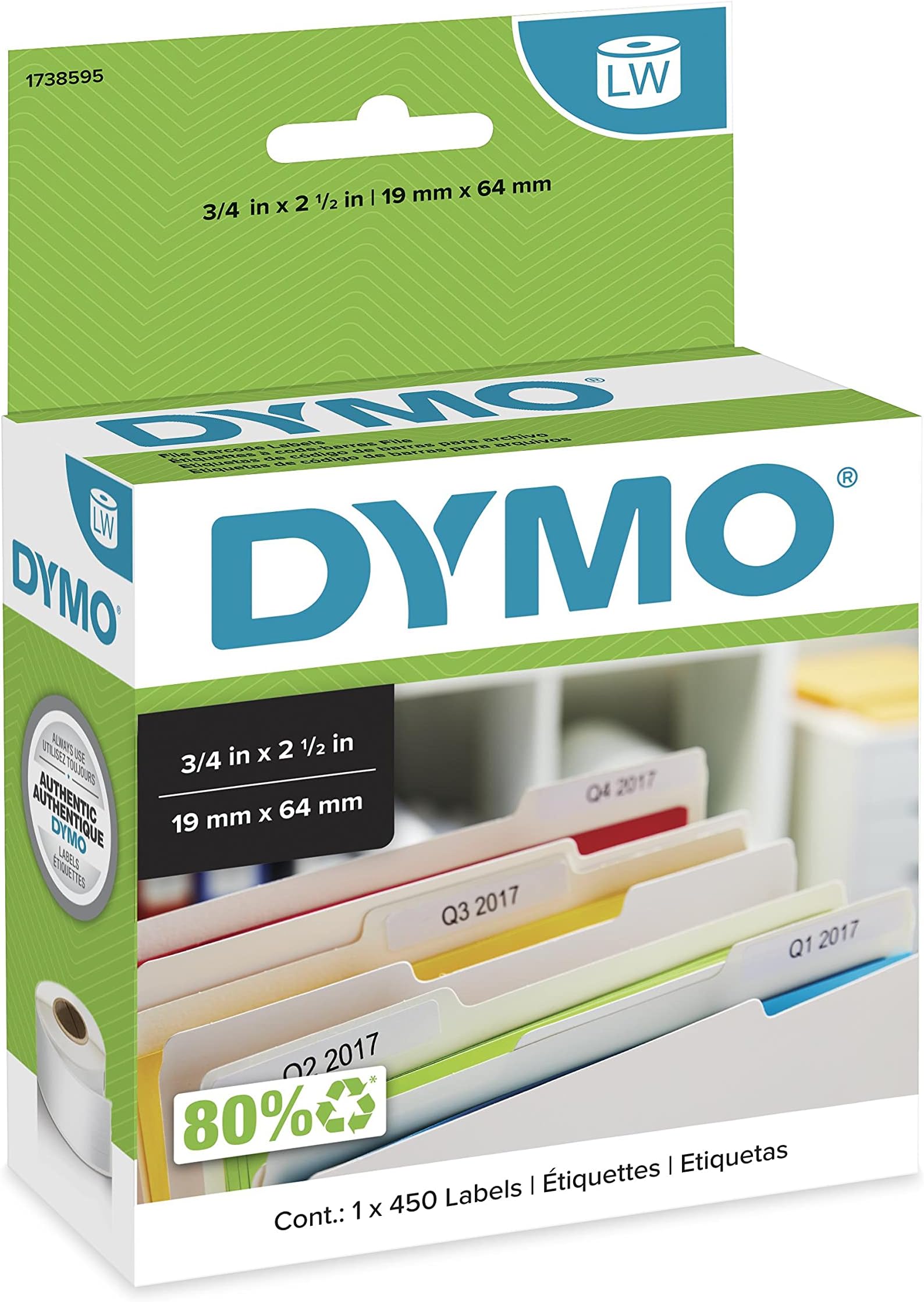 Authentic LW File Barcode Labels for LabelWriter Label Printers, White, 3/4" x 2-1/2", 1 Roll of 450