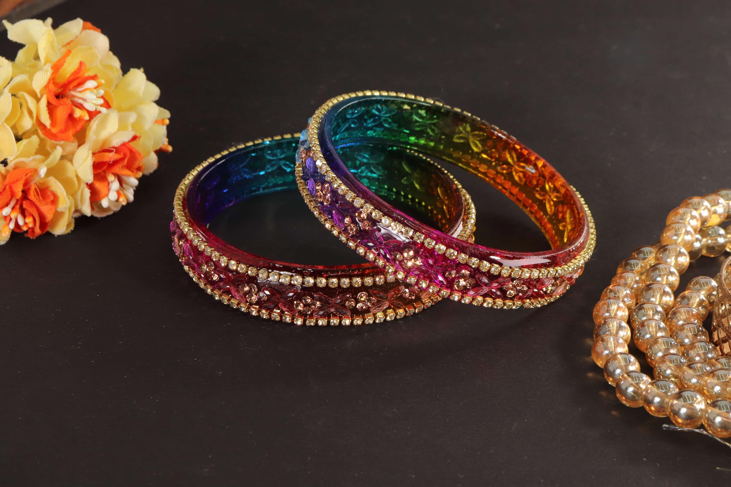 LAVAZZA Transparent Glass Bangles Kada Set For Women & Girls with Gold Zircon Diamonds & Crystals | Multi Bangles | bangles for Women | Colorful Bangles -(LV_AB16-BlueBelly-Multi-2.6)