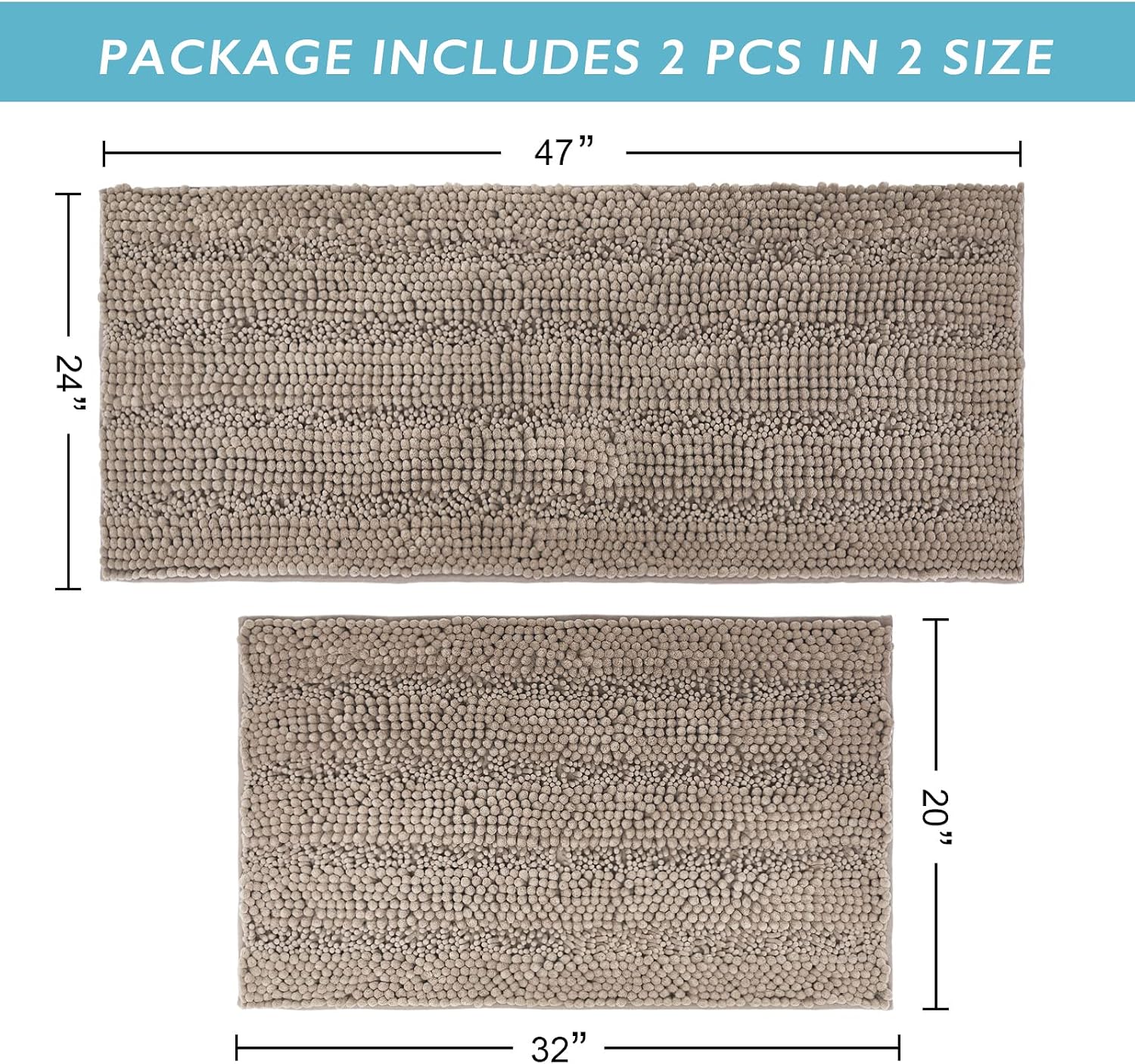 RYB HOME Bathroom Rugs Sets 2 Pieces - Quick Drying Chenile Bath Mat Sets Absorbent Super Soft Microfiber Floor Cover for Kitchen Door Way Laundry Room, Taupe, 47 x 24 + 20 x 32