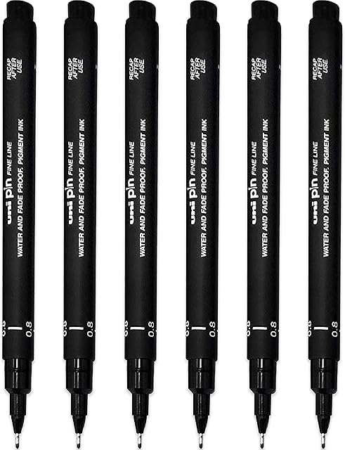 Uni Pin Fineliner Drawing Pen - Black Ink - Pack of 6 - Fine Line 0.8mm Nib Tip
