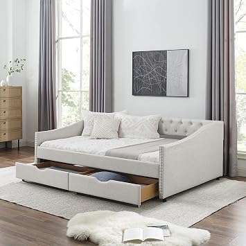 Kurhwyss Full Daybed with Storage, Upholstered Day Bed Full Size with Drawers and Headboard, Solid Wood Bed Frame for Living Room and Bedroom, No Box Spring Needed Beige