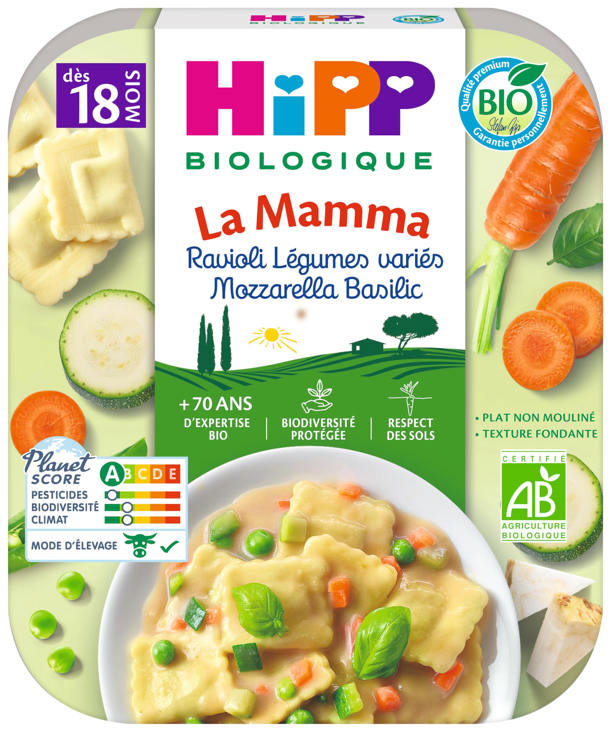 HiPP - La Mamma - Ravioli Légumes variés Mozzarella Basilic - Assiettes - 6x250 g - BIOLOGIQUE