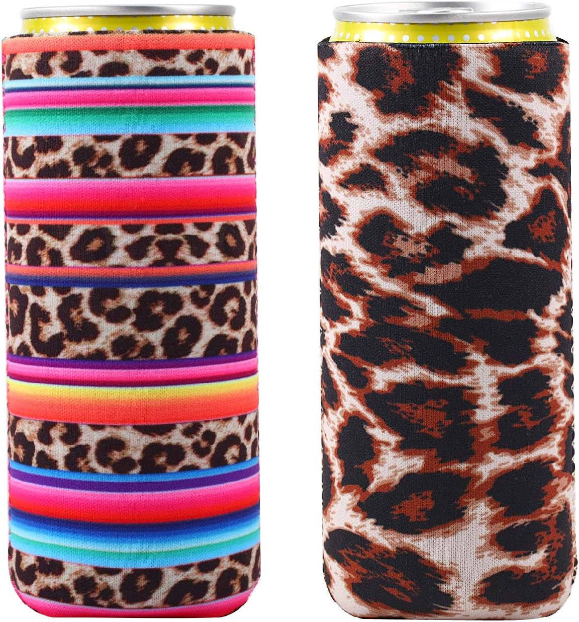 Creatyi 2 PCS Colourful Neoprene Beer Cooler Beer Coolies Beer Holders Perfect for 12oz Slim Drink Beer Cans(Leopard + Colorful Leopard)