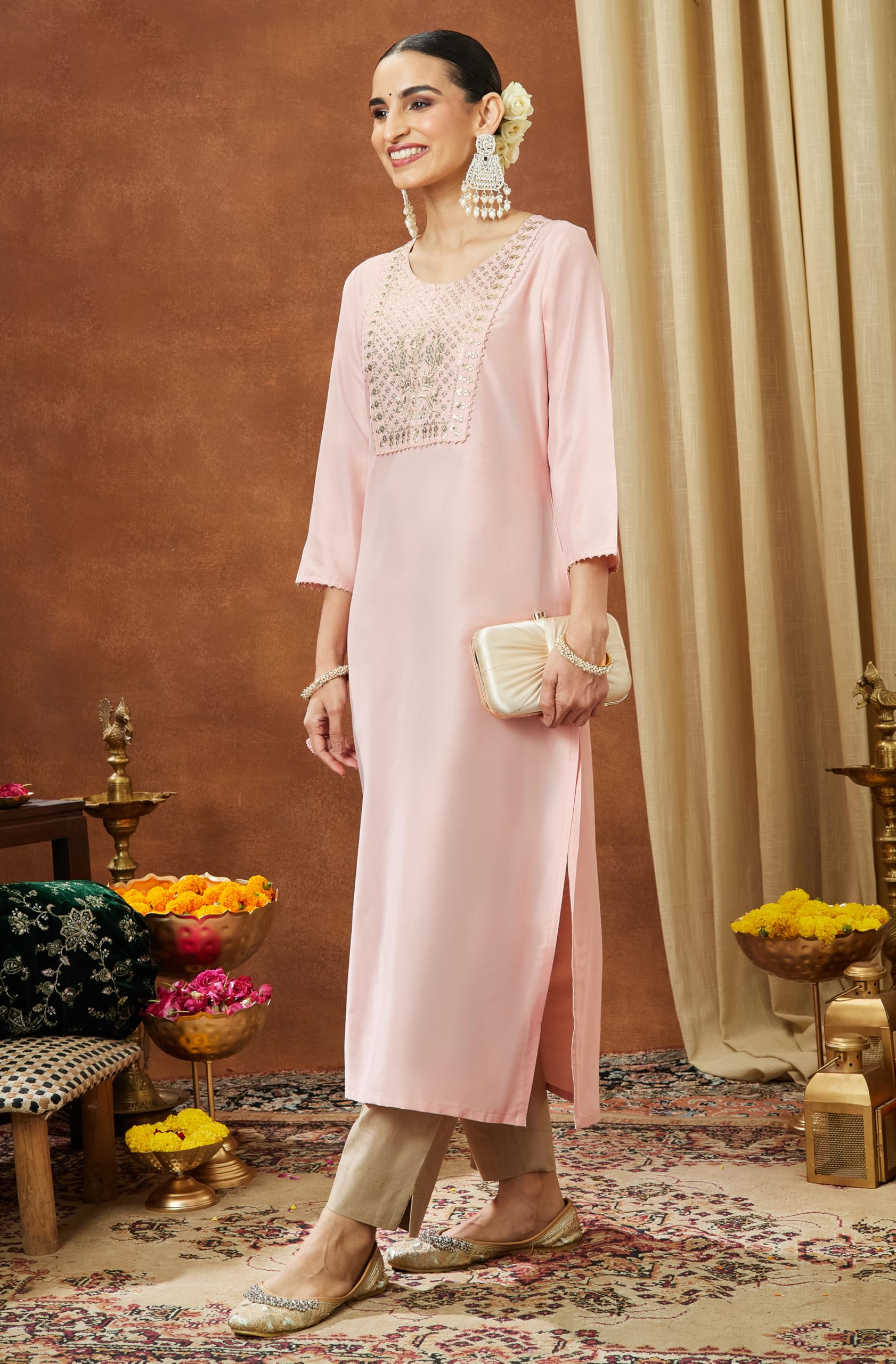 Janasya Women's Light Pink Chanderi Silk Yoke Embroidered Straight Kurta product image 4
