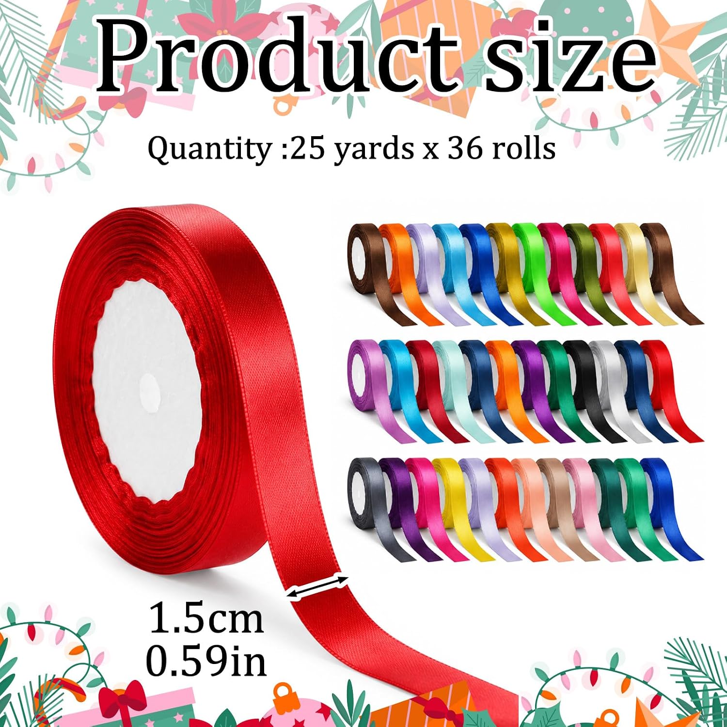 36 Rolls Rainbow Satin Ribbon Set, 900 Yards Total, Rainbow Double Face Ribbon for Gift Wrapping, Crafts, Floral Bouquets, Bows, Wedding & Party Decor, 5/8 Inch Wide, 36 Colors